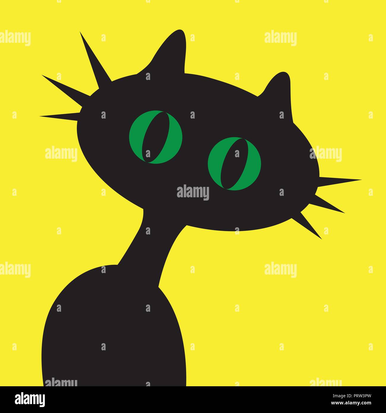 Schwarz cartoon Katze mit grünen Augen auf Gelb Stock Vektor