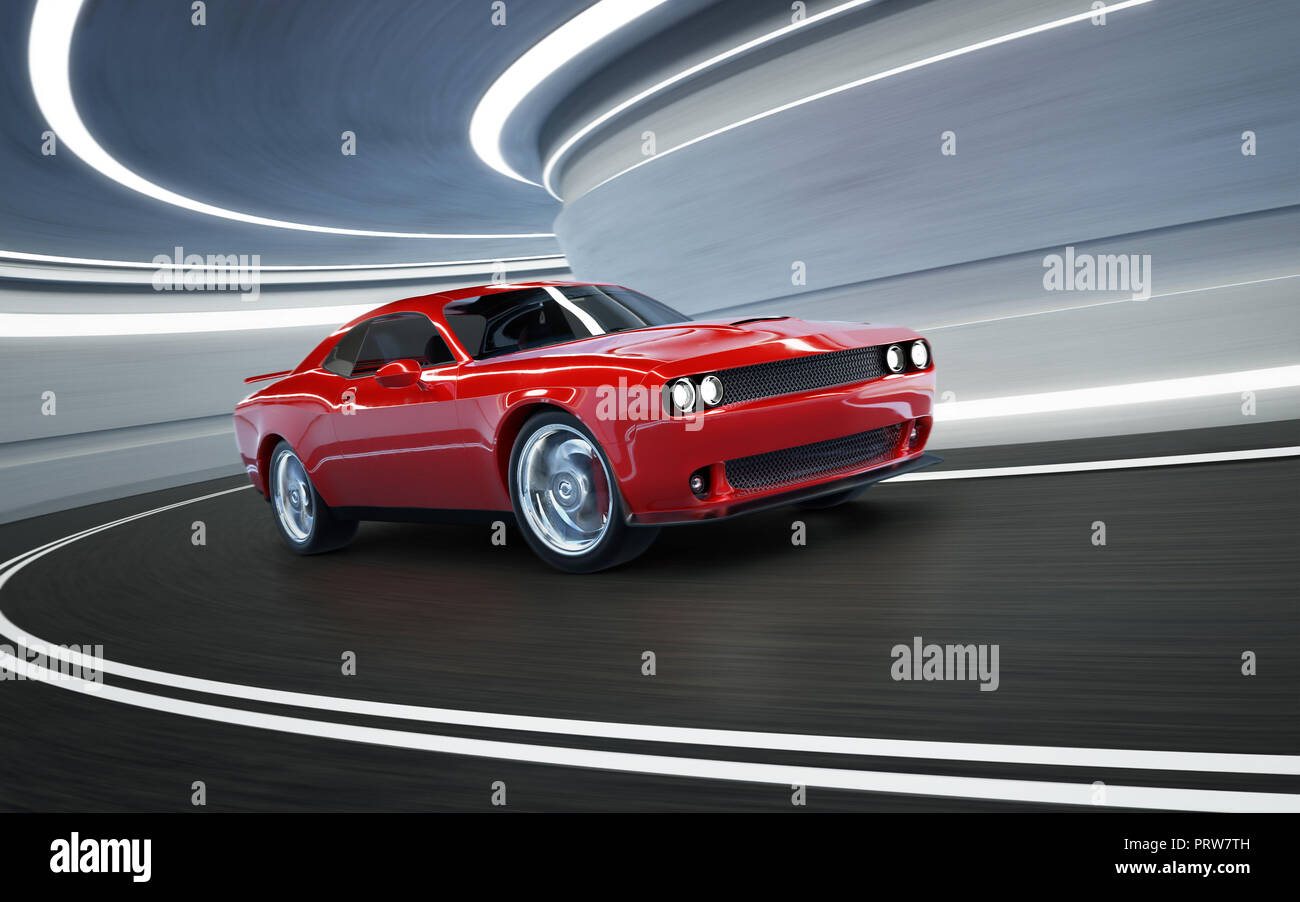 Vorderen winkel Ansicht eines generischen rot Sandisk American Muscle Car in einem Tunnel mit Bewegungsunschärfe. Transport Konzept. 3D-Rendering. Stockfoto