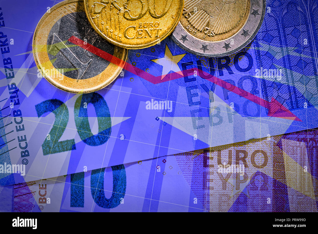 Die Euro-Banknoten und -Münzen mit Diagramm Stockfoto