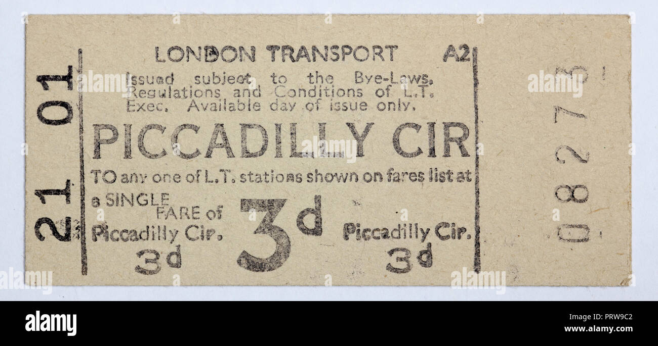 Vintage 1950s London Underground Ticket - Piccadilly Circus Station Stockfoto