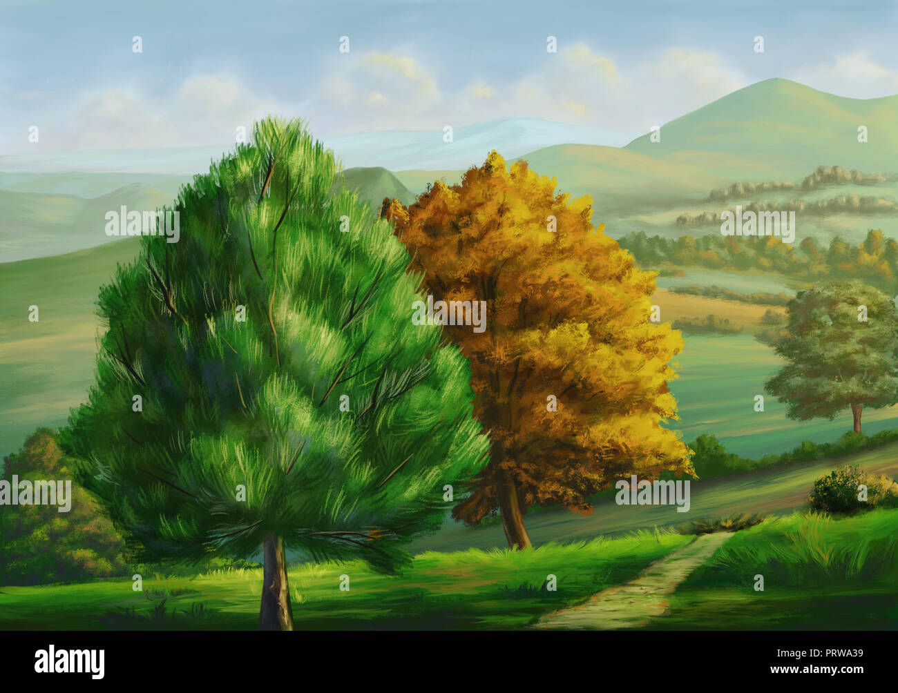 Land Landschaft mit Bäumen. Digitale Malerei. Stockfoto