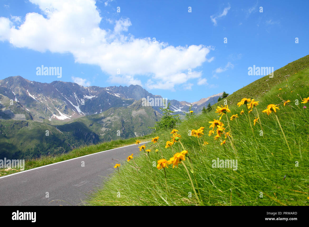 Italien, Nationalpark Stilfser Joch. Berühmte Straße zu Gavia Pass in der Ortlergruppe. Alpine Landschaft. Stockfoto