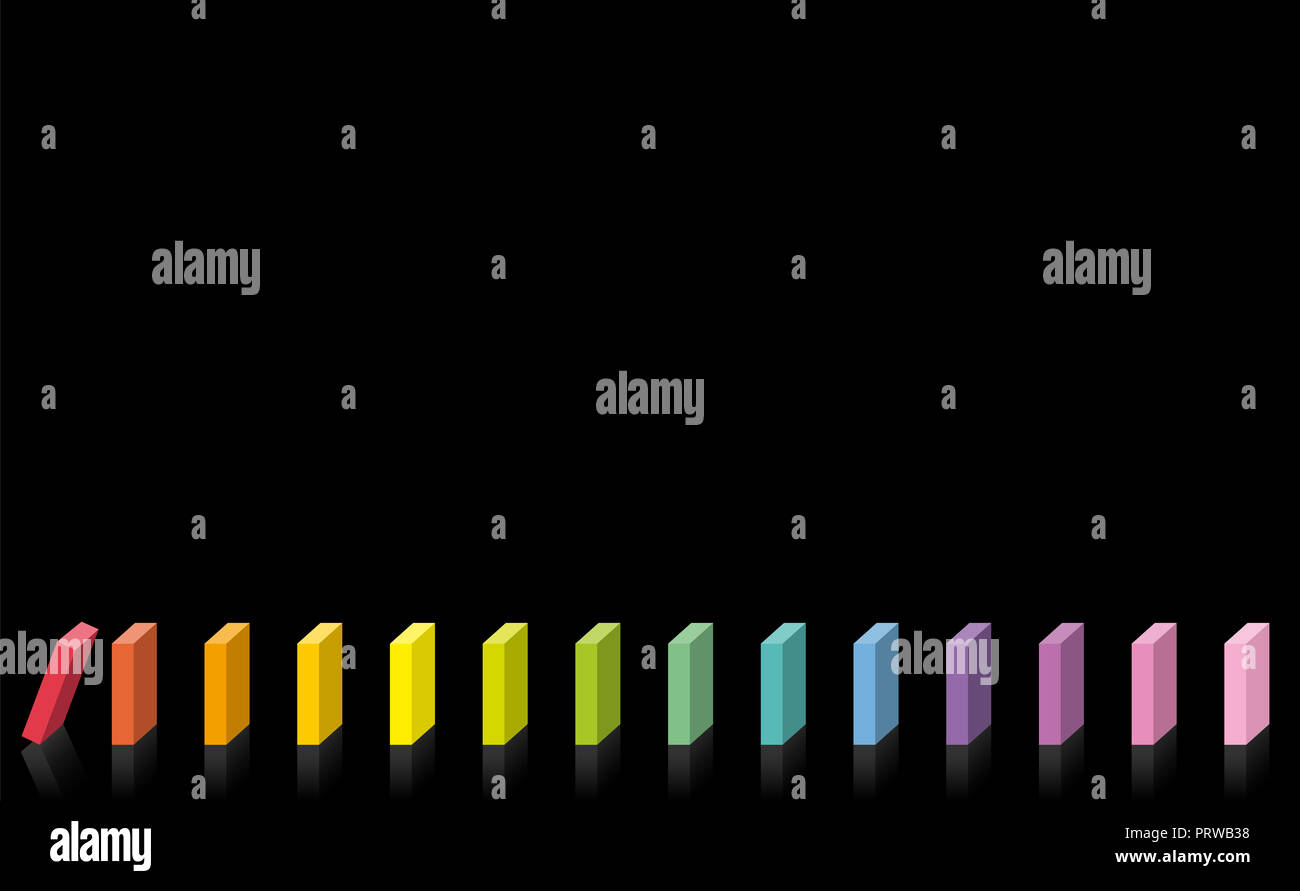 Domino line. Bunte Kinder Spielzeug für Konzentration, spielen und Spaß. Regenbogenfarbige Kettenreaktion. Die erste Rote beginnt. Stockfoto