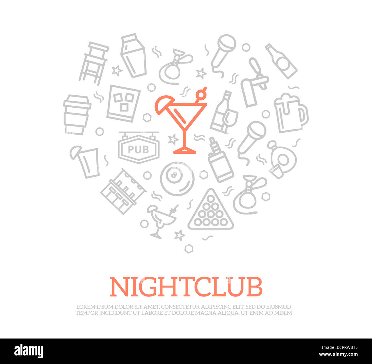 Night Club dünne Linie Symbole in Herz Form Design Konzept. Abbildung für Präsentationen auf weißem Hintergrund Stockfoto