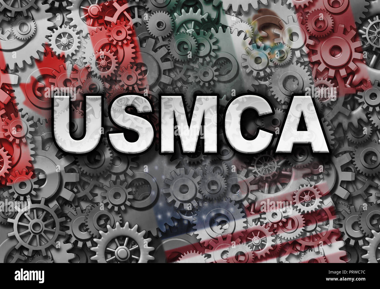 USMCA Business oder die neue NAFTA-Abkommen mit den USA Mexiko Kanada abkommen Symbol mit Nordamerika Flaggen als internationale Verhandlungen und wirtschaftlichen Stockfoto