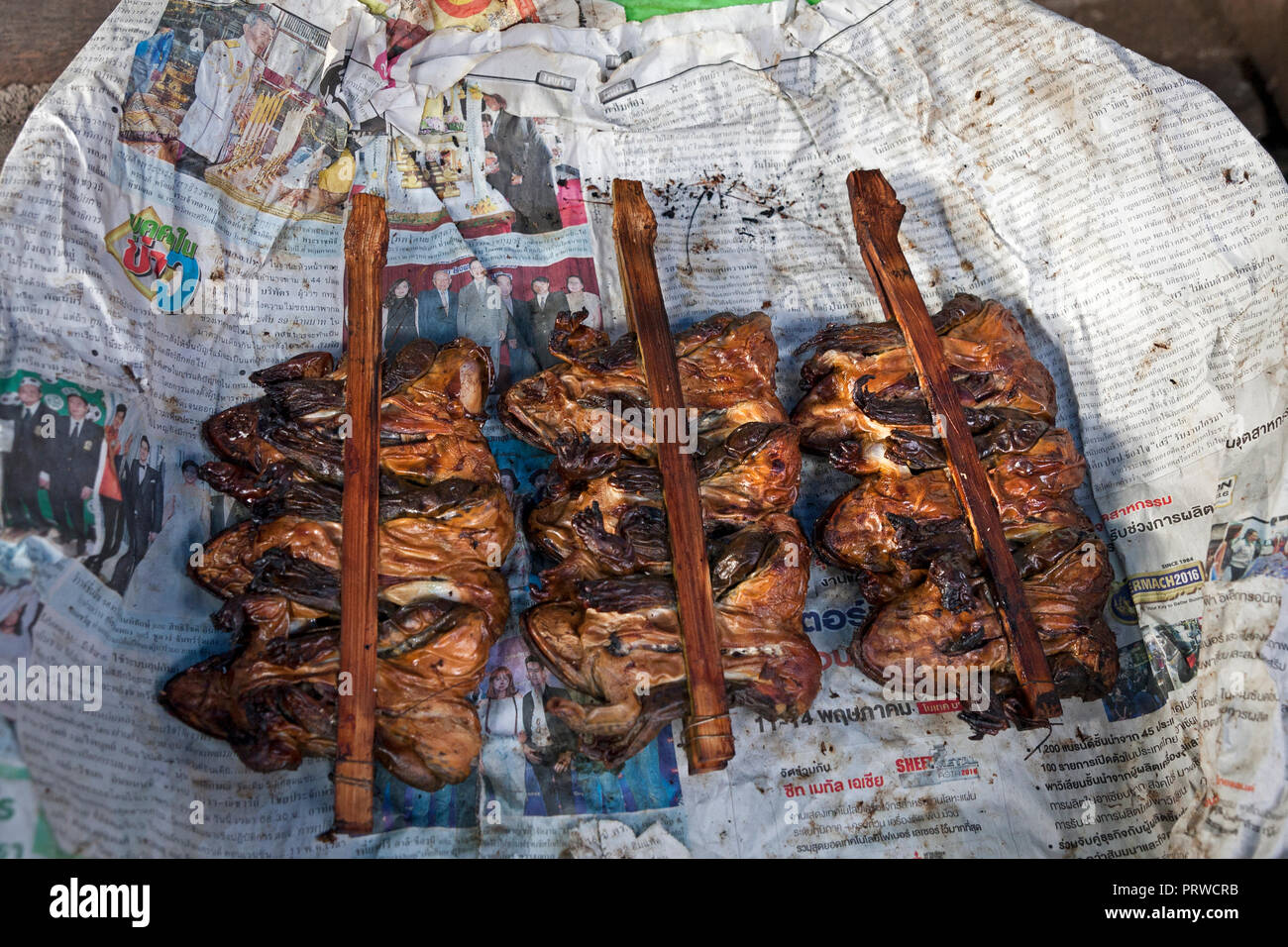 Gebratene grüne Frösche auf Sticks. Eine traditionelle Köstlichkeit auf Eisenbahnschienen Maeklong Markt, Bangkok, Thailand. Stockfoto