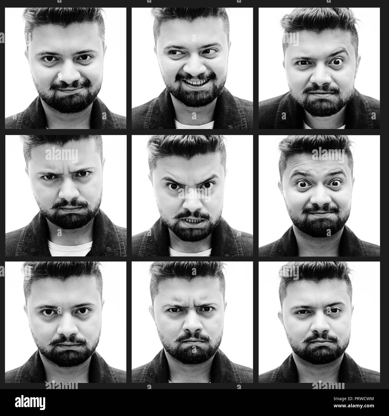 Collage von gutaussehenden jungen Mann verschiedene Emotionen ausdrücken, während gegen den weißen Hintergrund stehen Stockfoto