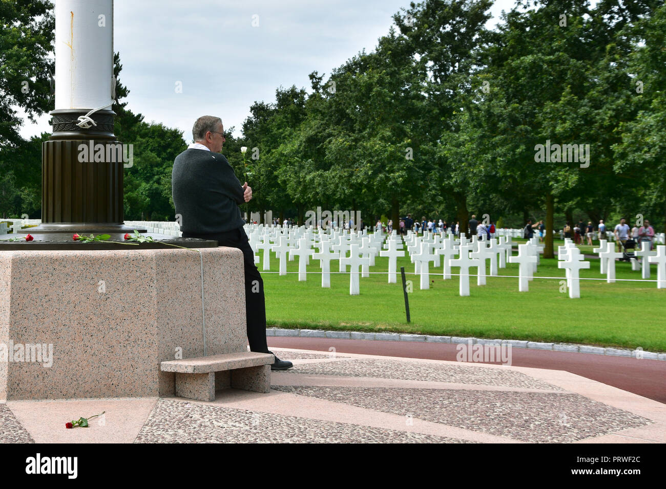 Omaha Beach, Frankreich - 17. Juli 2018: Älterer Mann mit weißer Rose vor den endlosen Linien weißer Marmorkopfsteine auf den grünen Wiesen Stockfoto Omaha Beach, Frankreich - 17. Juli 2018: Älterer Mann mit weißer Rose vor den endlosen Linien weißer Marmorkopfsteine auf den grünen Wiesen Stockfoto