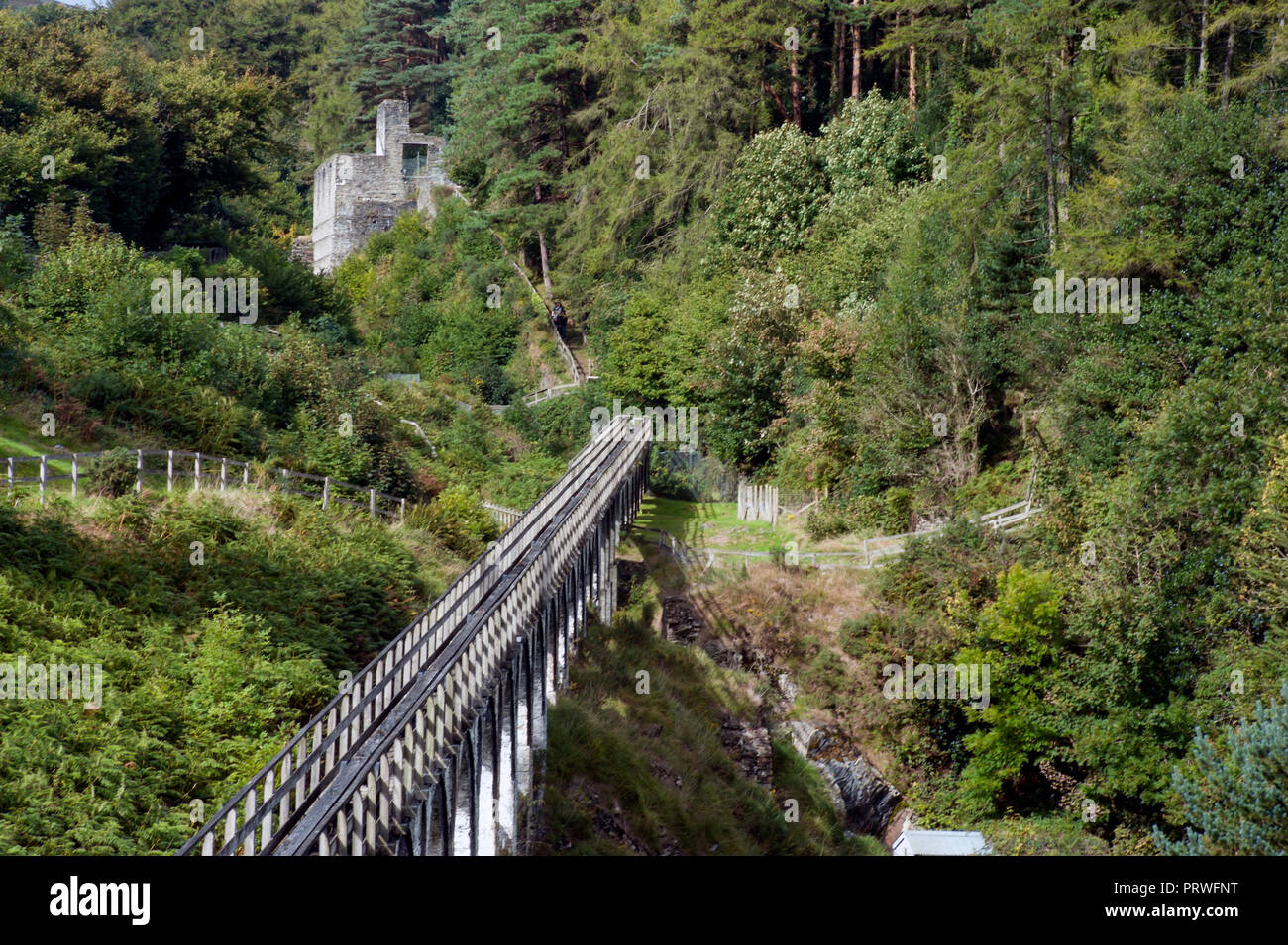 Motor Stab und Rod Viadukt von Laxey Wheel aufsteigend Glen Mooar, Laxey Isle of Man, mit Motor Haus im Hintergrund. Stockfoto