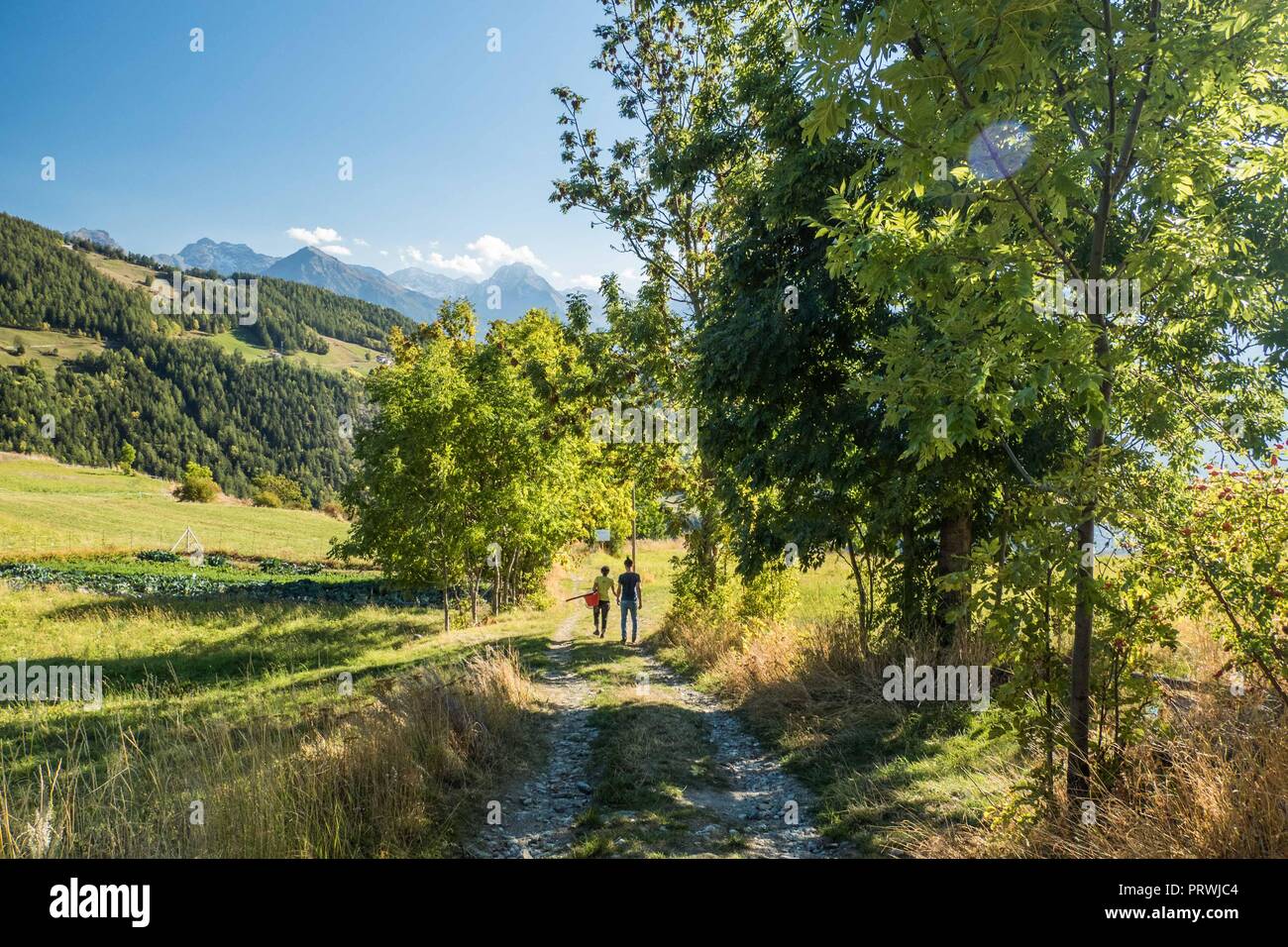 2 Leute auf einem Feldweg in der Nähe von einem Gemüsegarten (Links) im Lignan, Aostatal, NW Italien Stockfoto