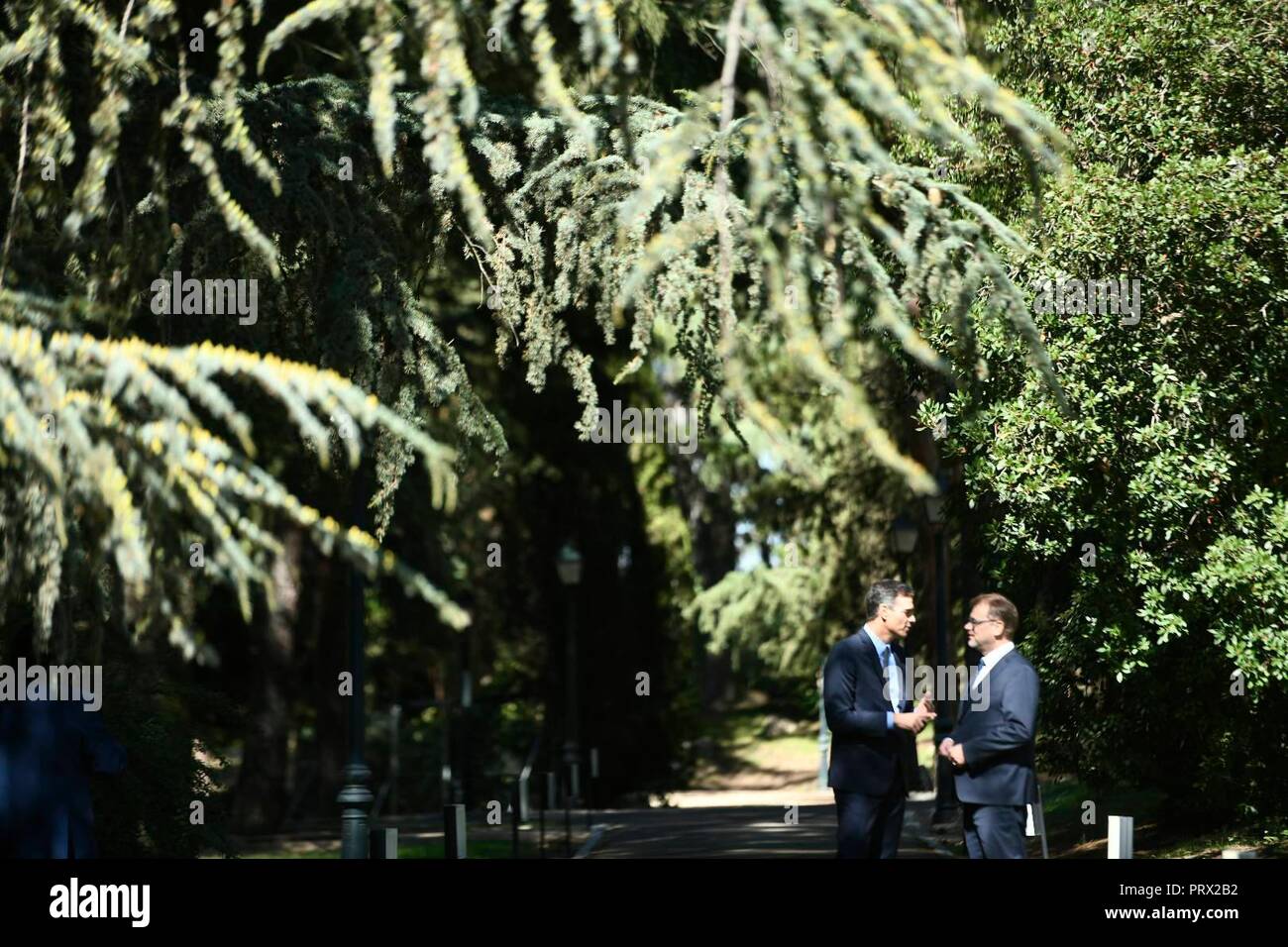 Der spanische Premierminister Pedro Sanchez mit Finnlands Premierminister Juha Sipila während ihrer Sitzung am Moncloa Palace in Madrid, am Donnerstag, 4. Oktober 2018. Stockfoto