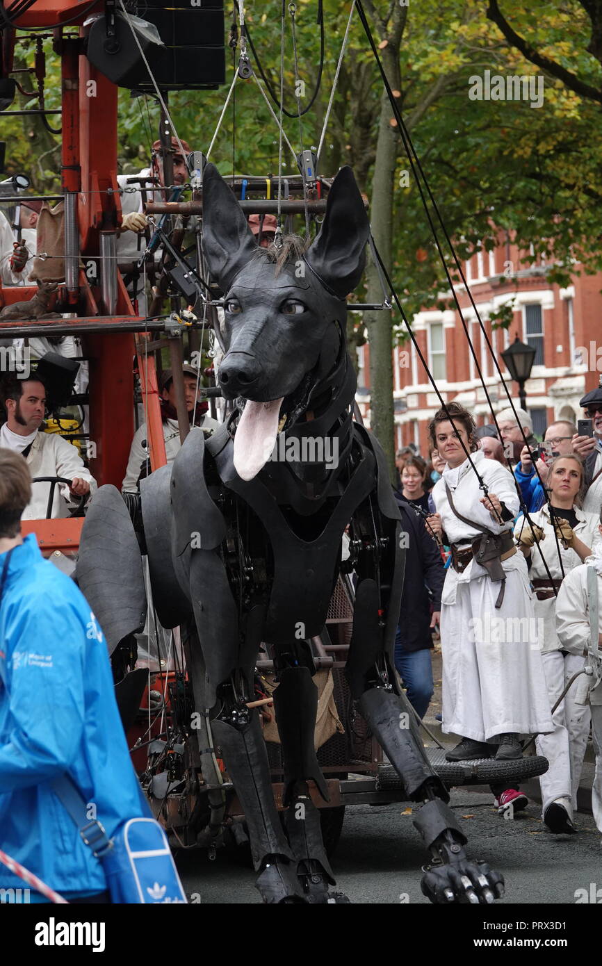 Liverpool, Großbritannien. 5. Oktober 2018. Tag 1 der Royal De Luxe riesigen spektakulären, Menschenmassen Futter Princes Road L 8 Xolo die riesigen Hund. Credit: Ken Biggs/Alamy Leben Nachrichten. Stockfoto