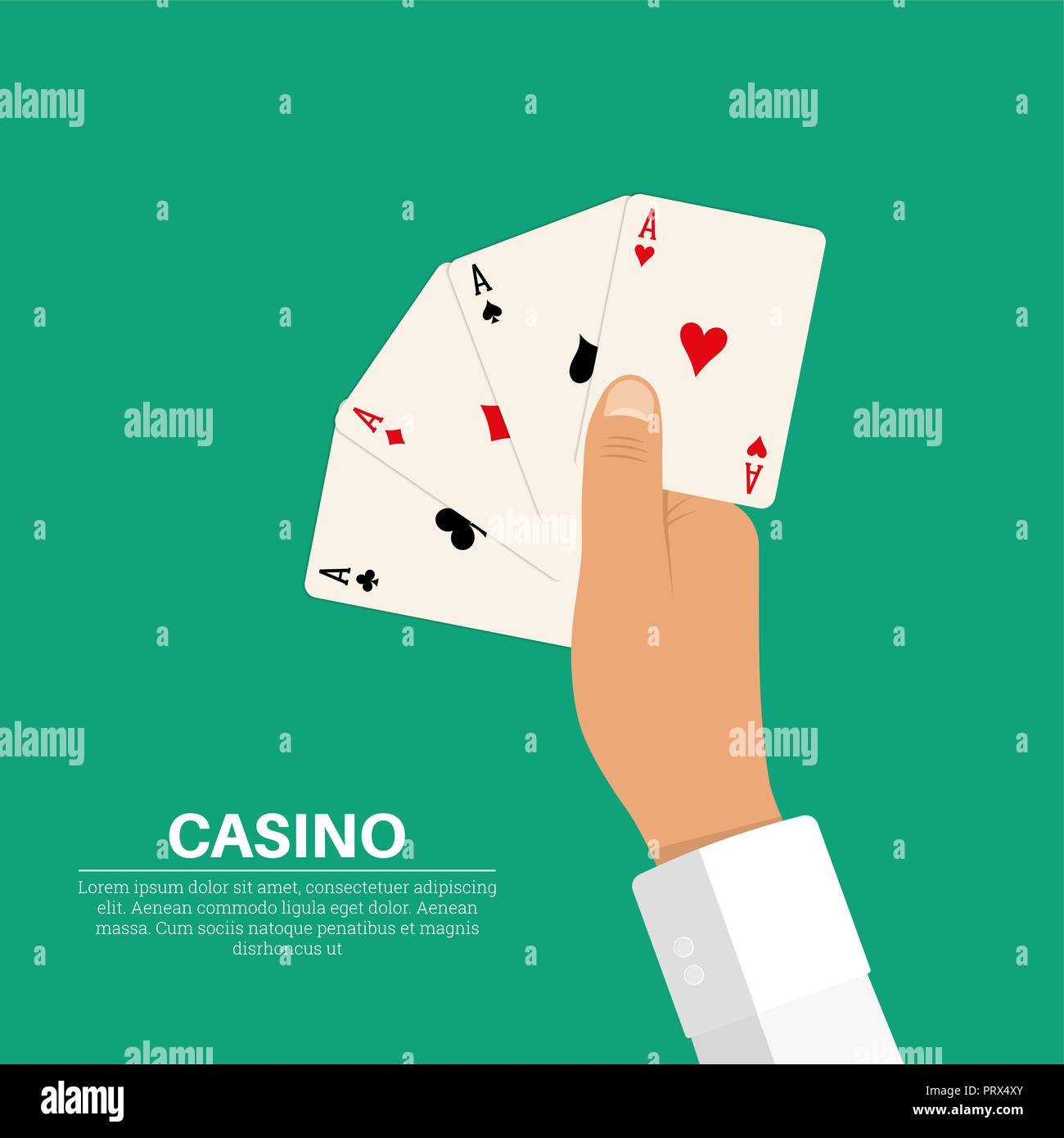 Die Hand mit vier Karten, Asse in allen Farben. Symbolisiert eine Kombination aus "Caret' im Poker. Das Konzept von Glück, ein Preis, der Reichtum in ga Stock Vektor