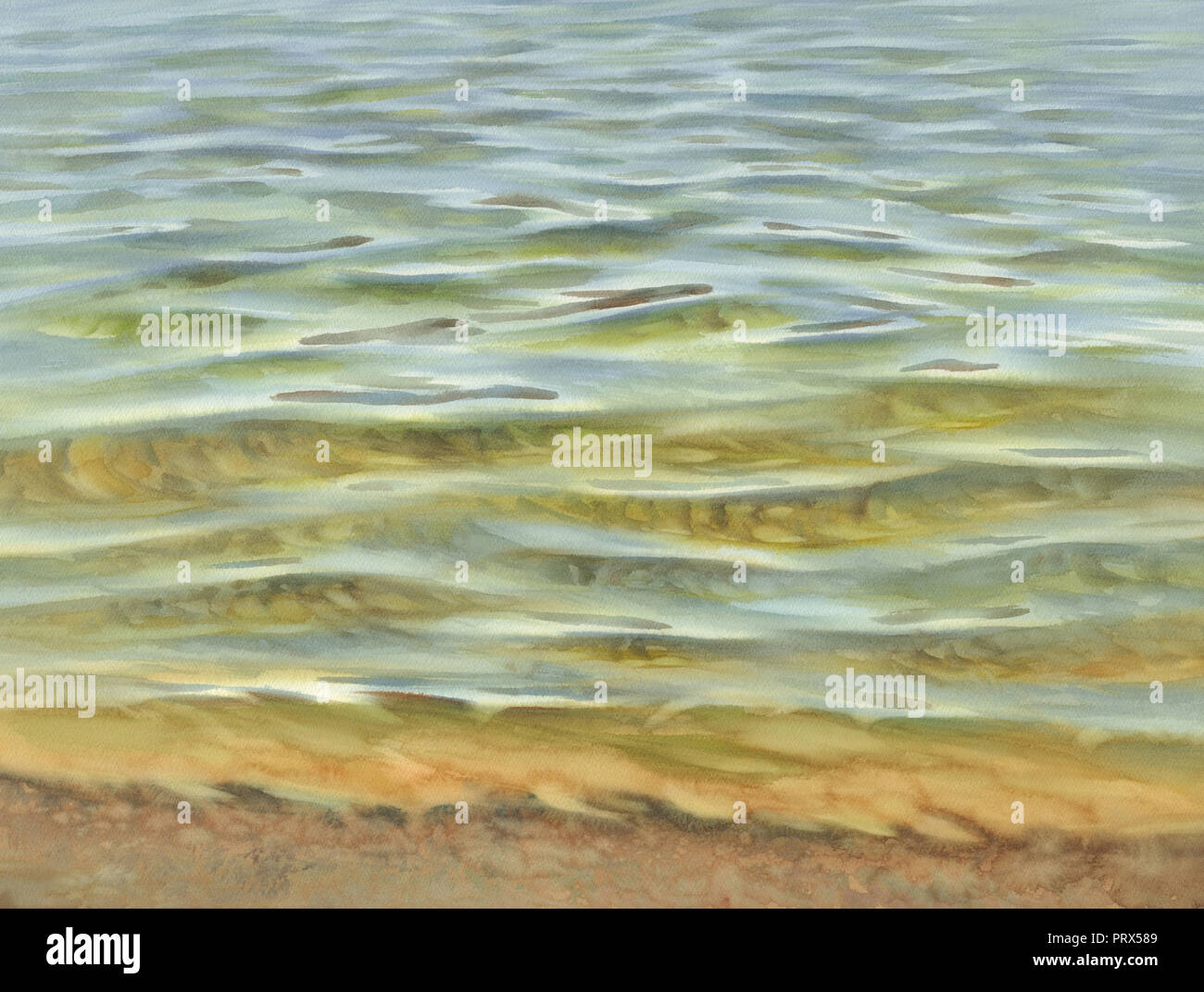 Sonnige Meer mit transparenten Wellen Aquarell Hintergrund Stockfoto