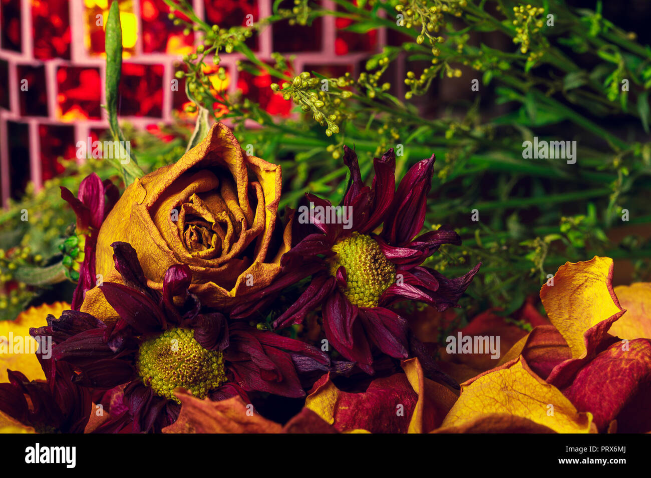 Eine Nahaufnahme von einem schönen Welken Fallen farbigen Blumenstrauß gedämpften Braun, Orangen und Grünen Trocknung sind lebendig und Emotionen wecken. Stockfoto