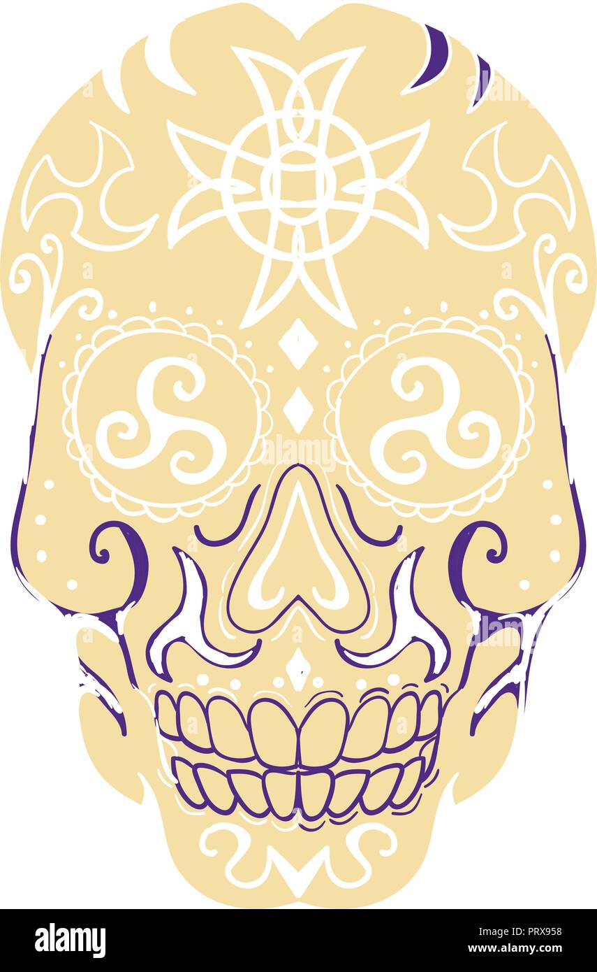 Tattoo Style Abbildung eines mexikanischen Schädel mit triskele und Keltische Kreuz von vorne gesehen auf isolierten backgrounbd. Stock Vektor