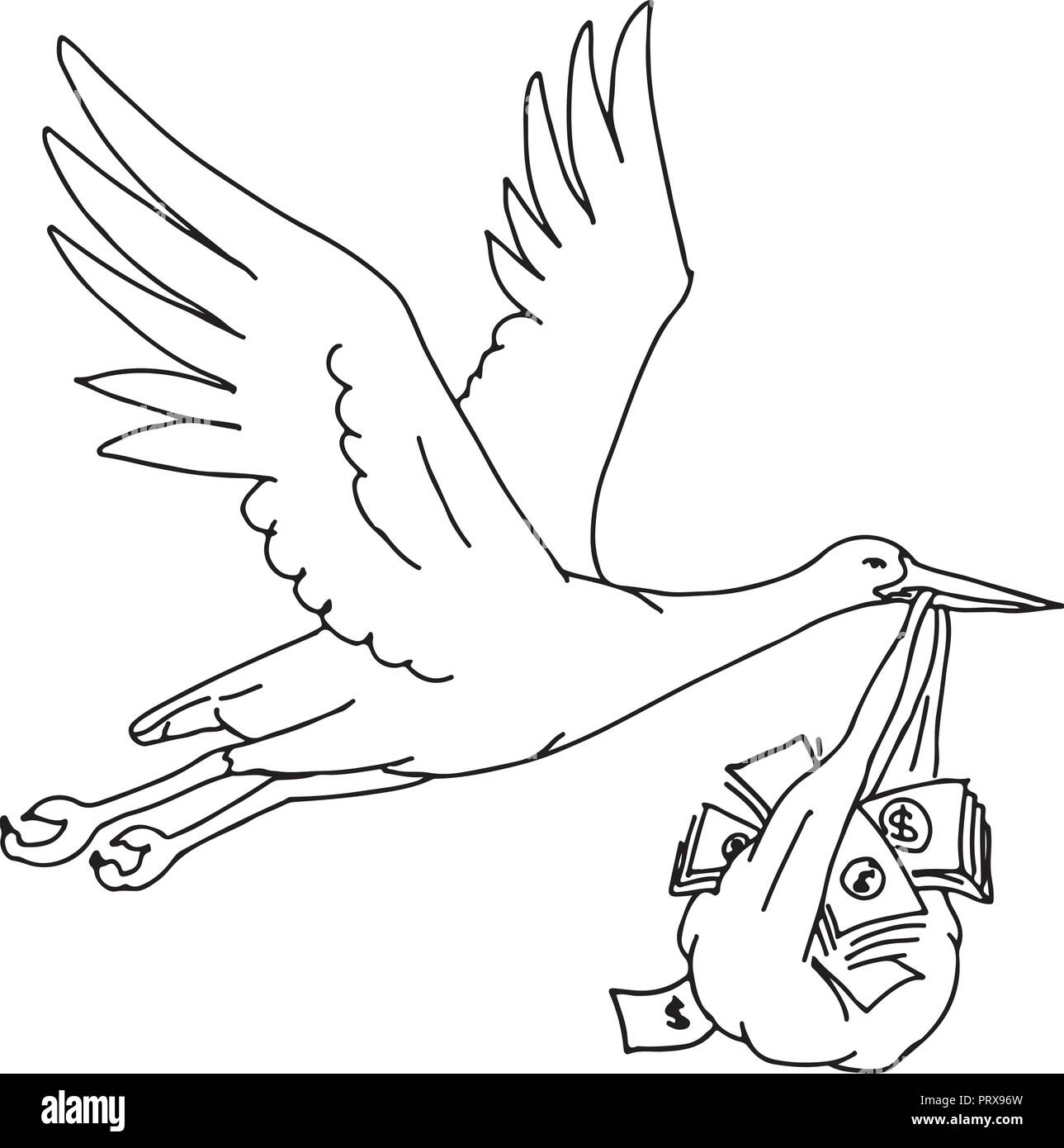 Zeichnung Skizze stil Abbildung: ein Storch, Kran, Reiher oder Ibis, eine grosse, langbeinige, Langhalslaute waten Vogel mit einem langen, stout Rechnung tragen oder de Stock Vektor