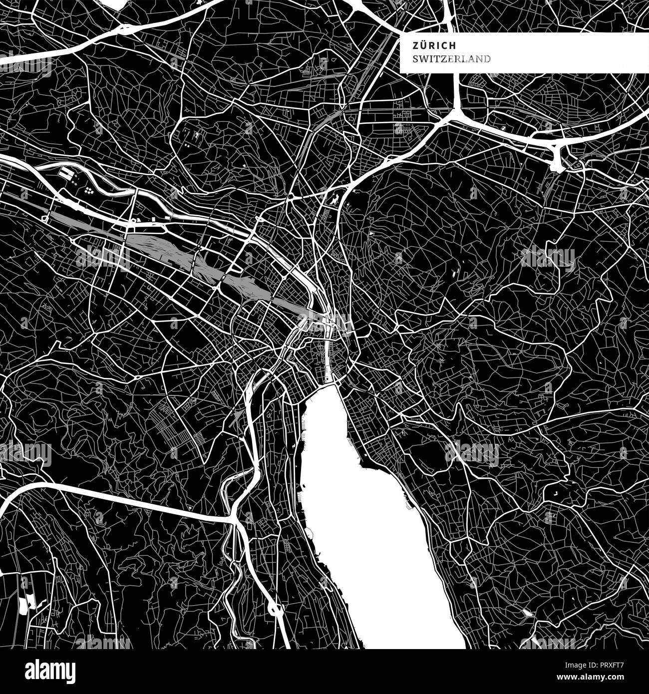 Stadtplan von Zürich, Schweiz mit typischen städtischen Wahrzeichen wie Gebäude, Straßen, Wasserwege und Eisenbahnen sowie kleinere Straßen und Parks Trails. Stock Vektor