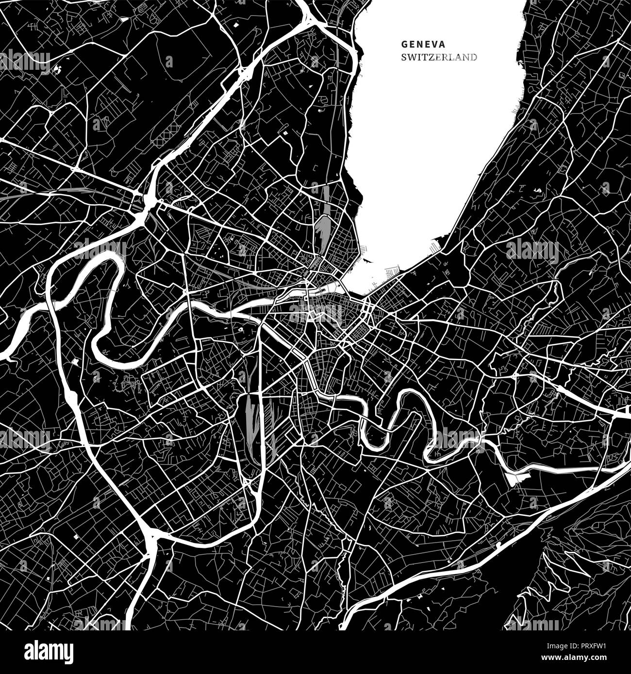 Stadtplan von Genf, Schweiz mit typischen städtischen Wahrzeichen wie Gebäude, Straßen, Wasserwege und Eisenbahnen sowie kleinere Straßen und Parks Trails. Stock Vektor