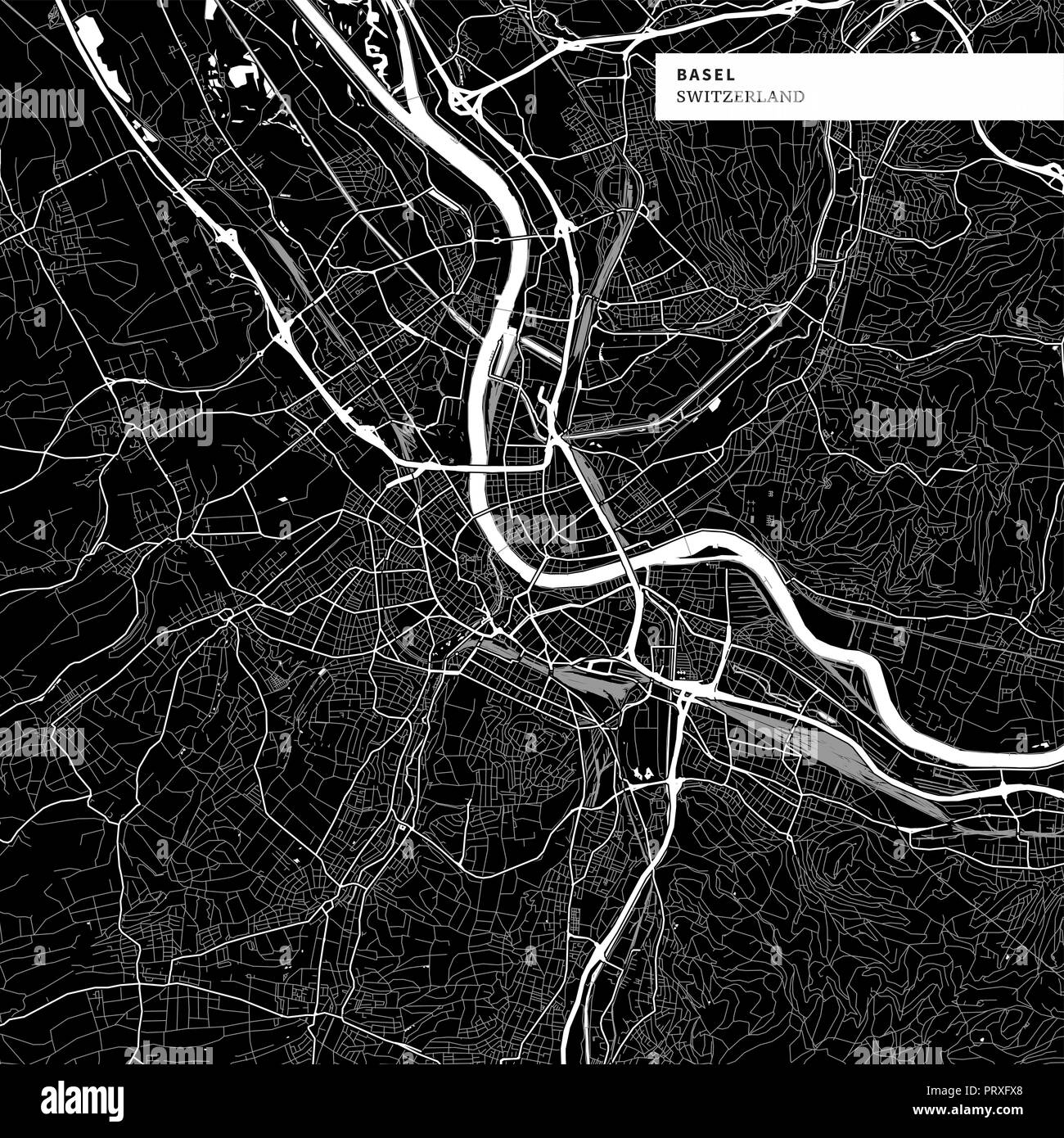 Stadtplan von Basel, Schweiz mit typischen städtischen Wahrzeichen wie Gebäude, Straßen, Wasserwege und Eisenbahnen sowie kleinere Straßen und Parks Trails. Stock Vektor