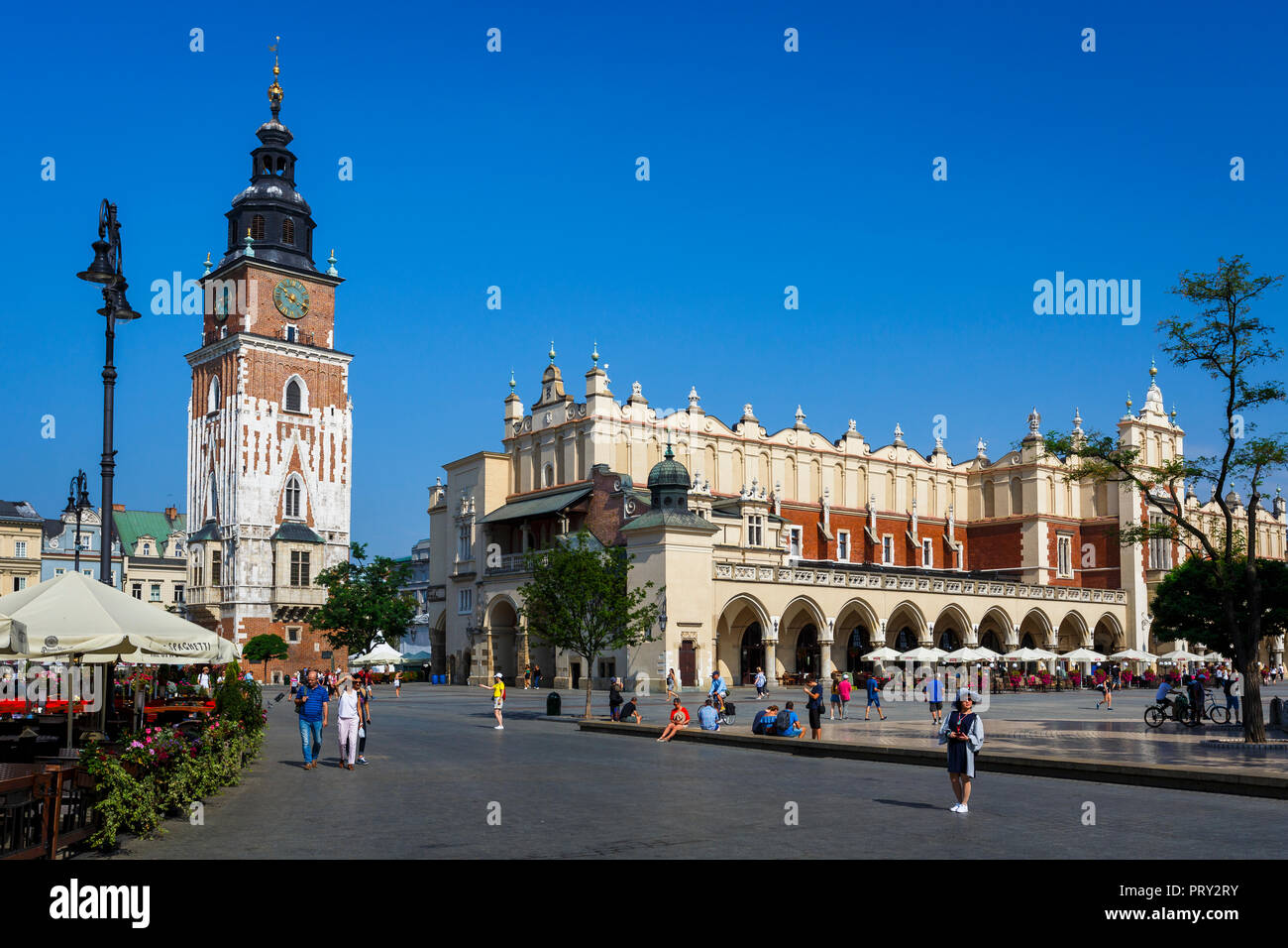 Krakau, Polen - 23. August 2018: Die Tuchhallen und Rathausturm auf dem Marktplatz von Krakau, Polen. Stockfoto