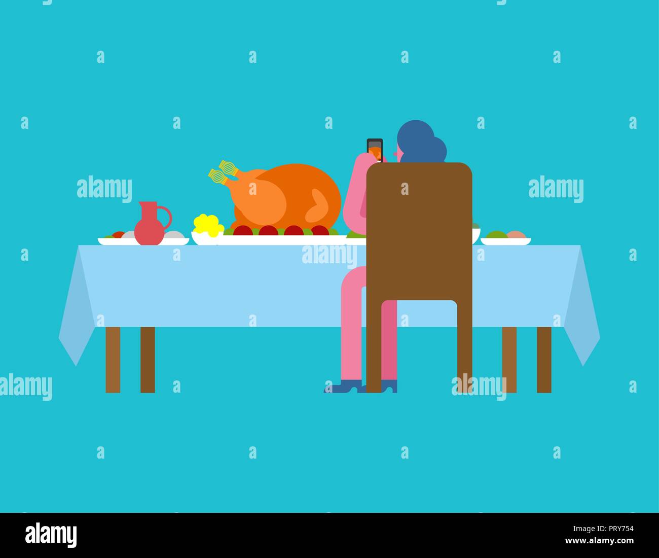 Thanksgiving Day. Frau Foto Türkei auf Tisch. Stock Vektor