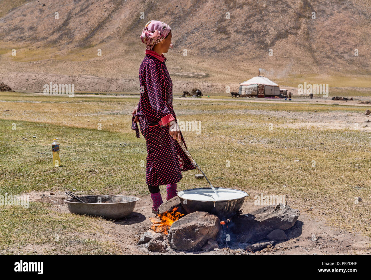 Kirgisische Nomadin macht frischen qurut, ein Yak Milchprodukt, Pshart Tal im Pamir, Gorno-Badakhshan Autonome Region, Tadschikistan. Stockfoto