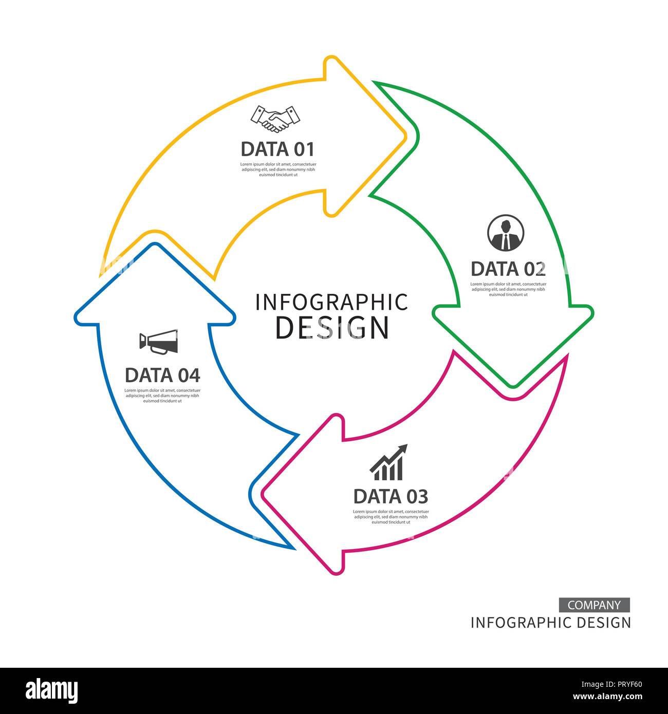 Die dünne Linie Kreis Pfeile Infografik Vorlage mit 4 Daten. Kann für Workflow Layout, Grafik, Präsentation Diagramm Diagramm, Jahresbericht, Stock Vektor