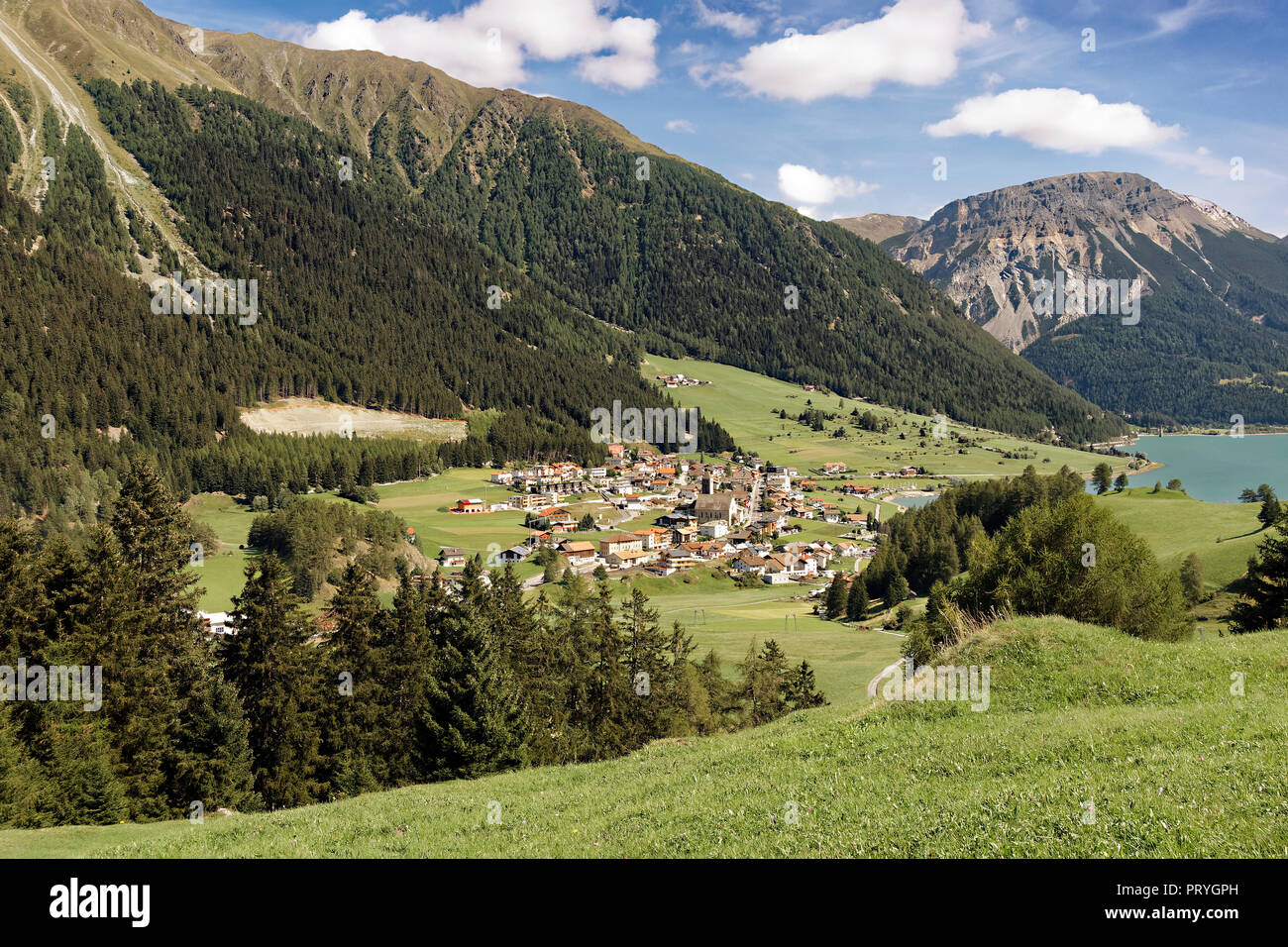 Reschensee am Reschenpass, Reschensee, Behälter, Vinschgau, Trentino-Südtirol, Italien Stockfoto