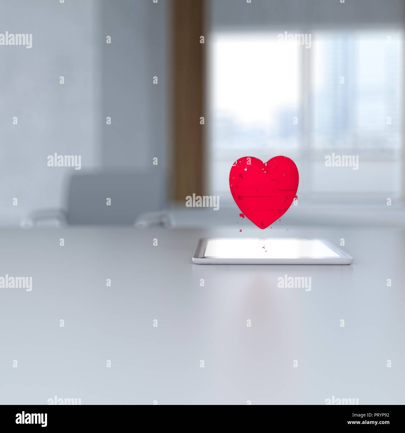 3D-Rendering, Pixel Herz schwebt über digitale Tablet-PC auf dem Schreibtisch Stockfoto