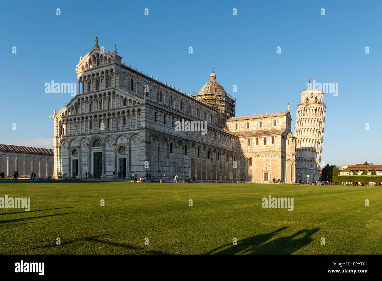 Italien, Toskana, Pisa, Pisa, Kathedrale und den Schiefen Turm von Pisa von der Piazza dei Miracoli im Abendlicht Stockfoto