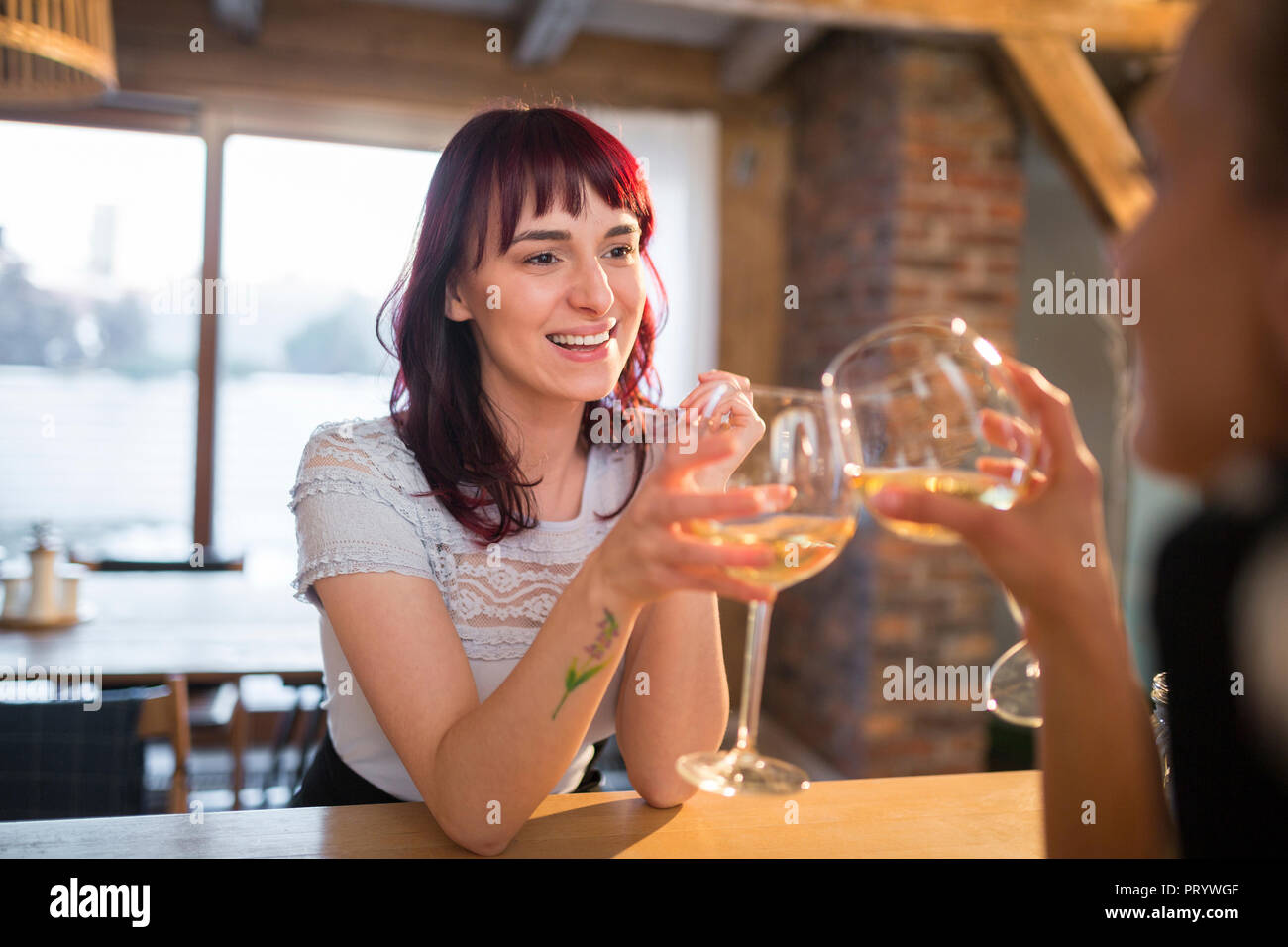 Gerne weibliche Freunde zu Hause klirren Weingläser Stockfoto