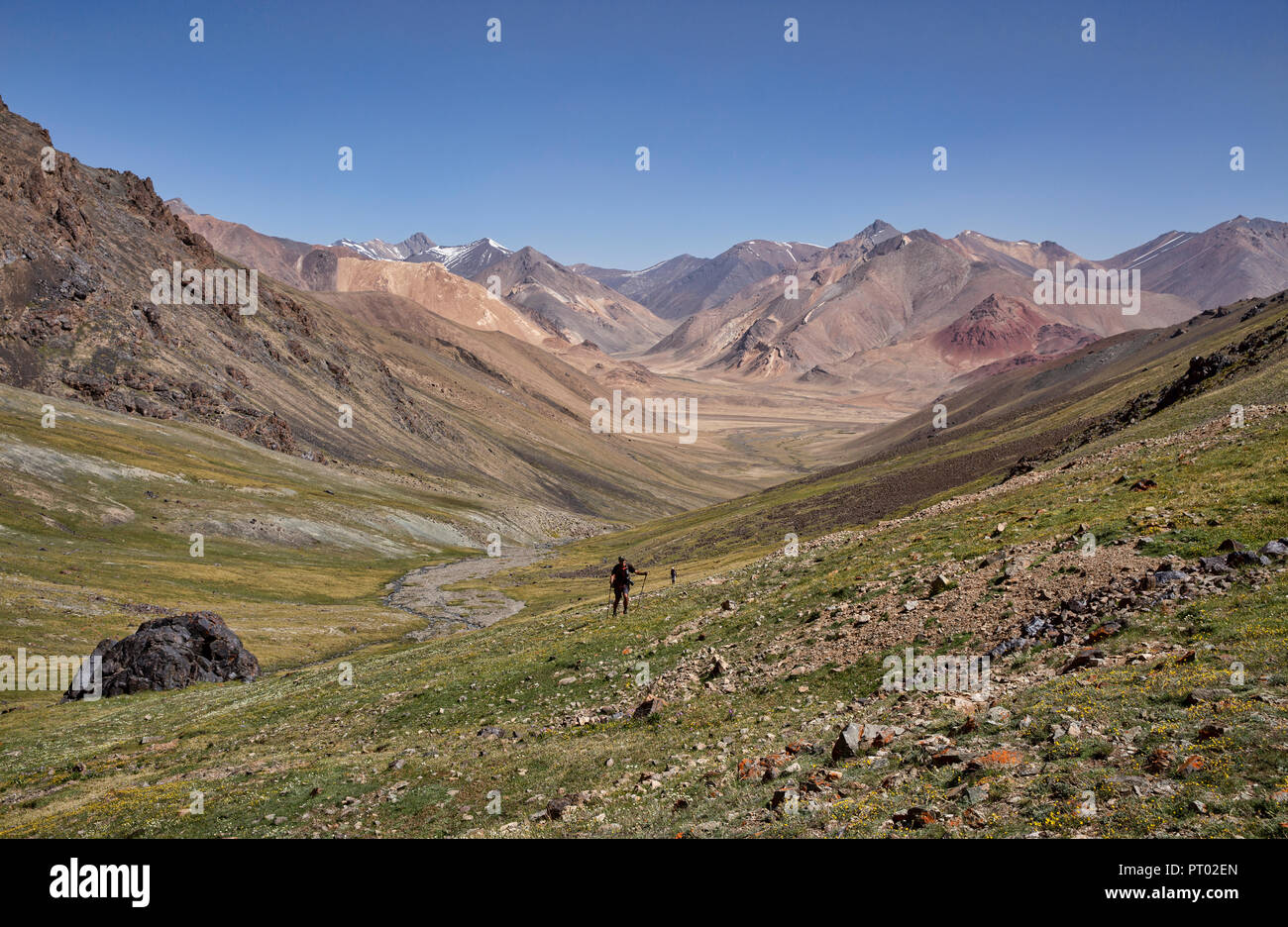 Trekker klettern die 4.750 Meter Gumbezkul Pass in dem abgelegenen Tal, Gorno-Badakhshan Pshart Autonome Region, Tadschikistan. Stockfoto