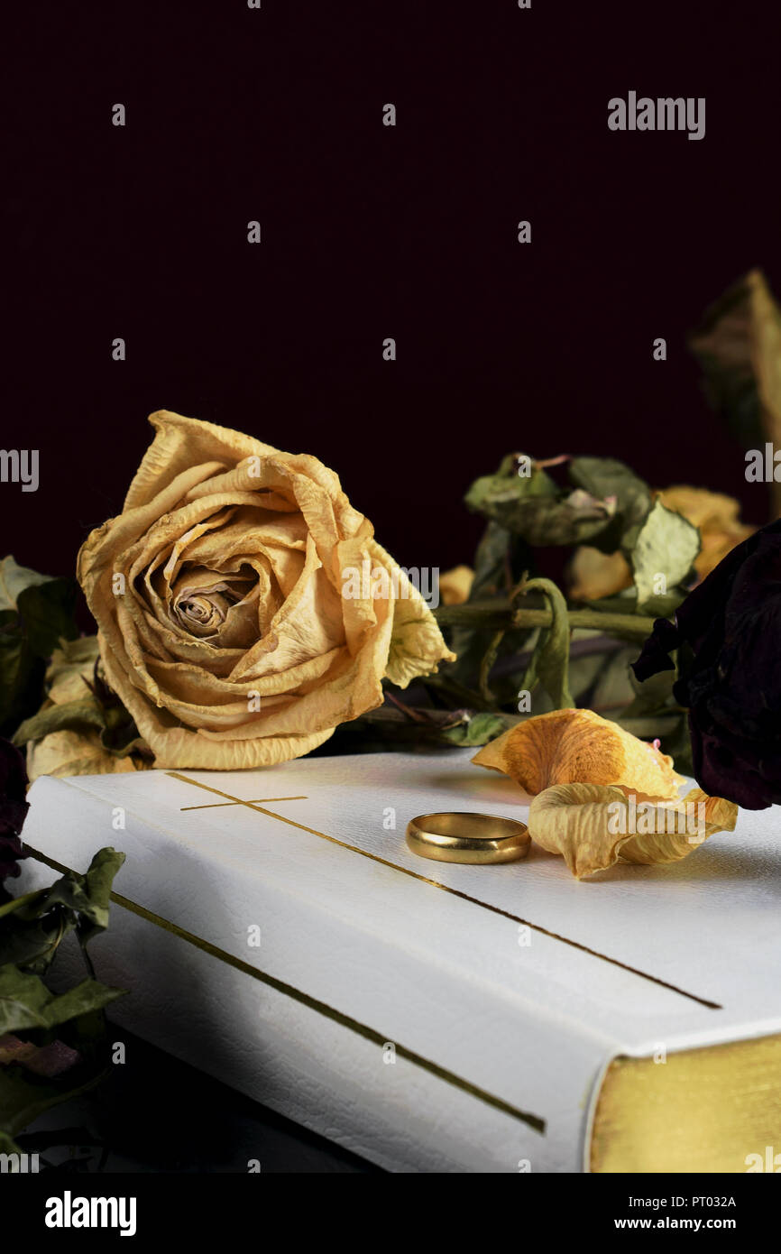 Weiße Heilige Bibel, eine Hochzeit Ring und trockenen Rosen. Schön, aber Berühren konzeptionelle Bild für Tod, Ehe, Scheidung und Hochzeit Gelübde. Stockfoto