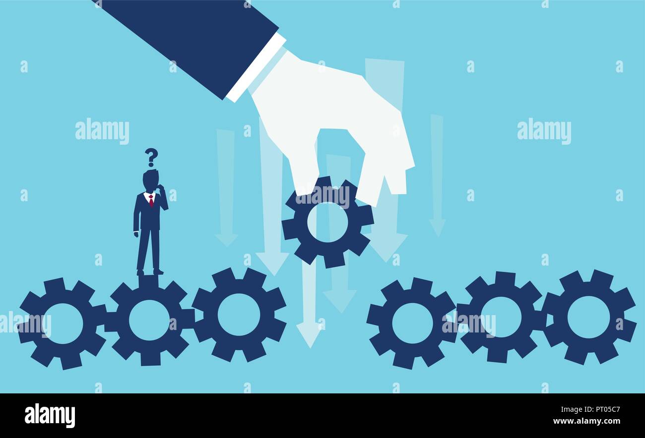 Vektor eines verdutzten Kaufmann mit Fragezeichen stehen über Maschine Zahnrad Linie Zahnrad der Entscheidung über Ersatz einer fehlenden Teil Stock Vektor