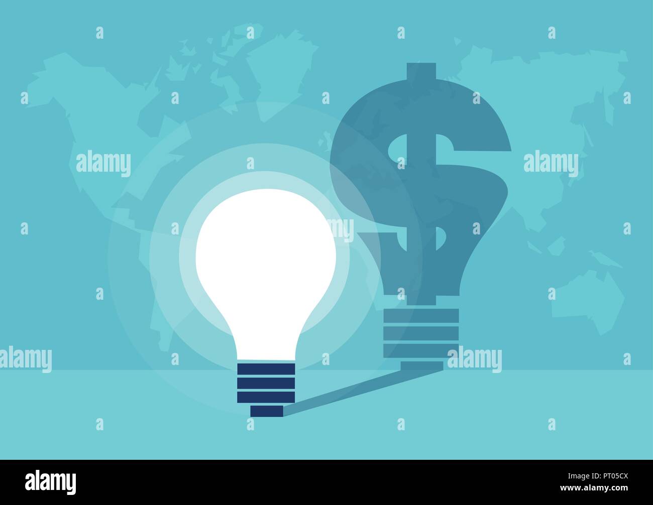 Vector Illustration von leuchtenden Glühbirnen mit Schatten von einem Dollarzeichen auf dem Hintergrund der weltweiten Karte Stock Vektor