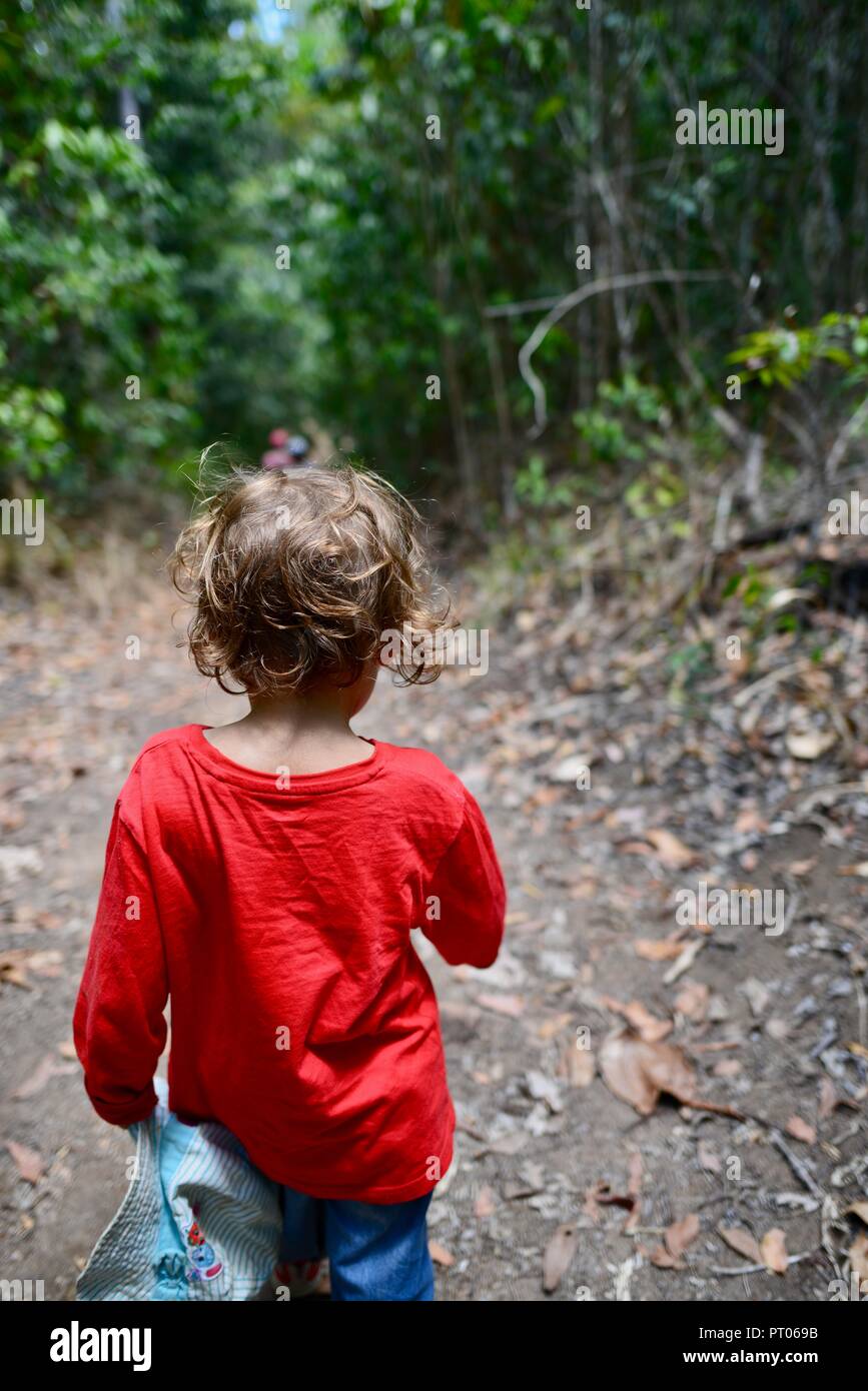 Ein Kind das Tragen der roten gehen durch einen Wald, Dalrymple Lücke, QLD, Australien Stockfoto