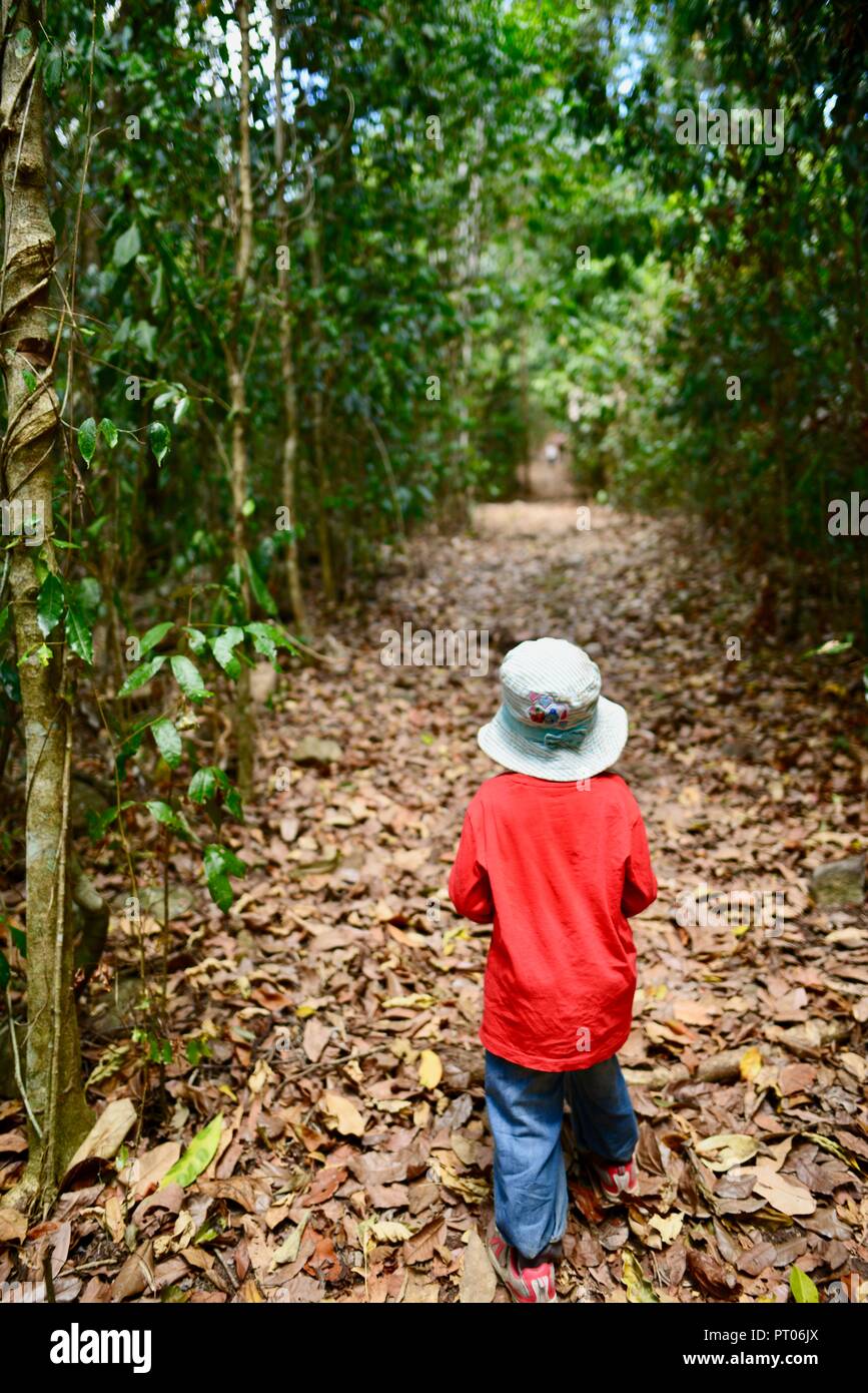 Ein Kind das Tragen der roten gehen durch einen Wald, Dalrymple Lücke, QLD, Australien Stockfoto