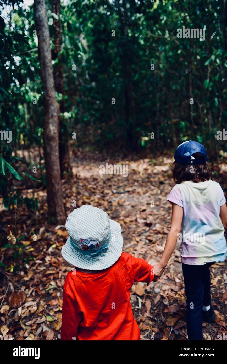 Zwei Kinder gehen durch wie Wald, Hände halten, Dalrymple Lücke, QLD, Australien Stockfoto