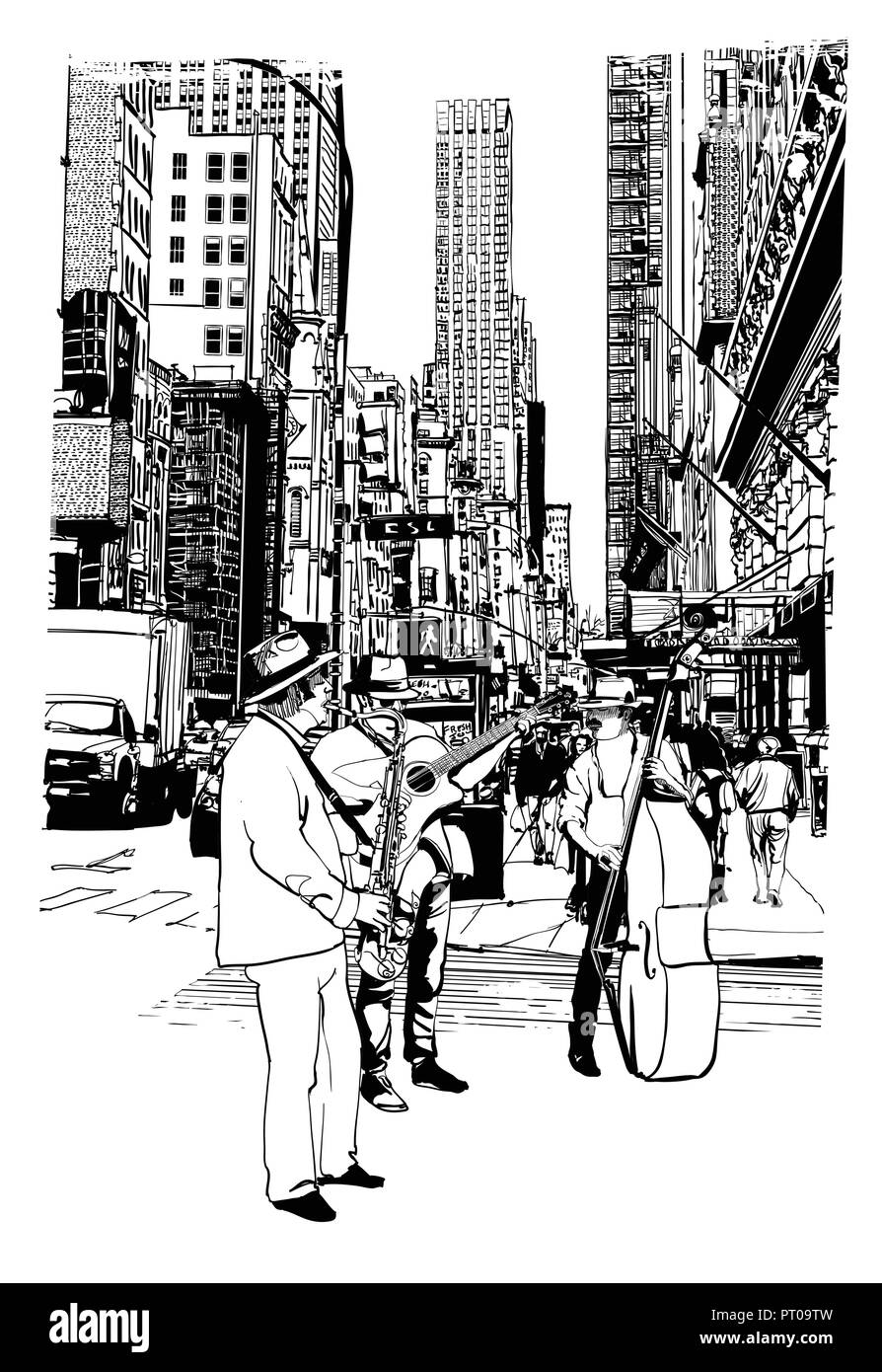 Straßenkünstler spielen Musik auf der 5th Avenue in New York City - Vector Illustration Stock Vektor