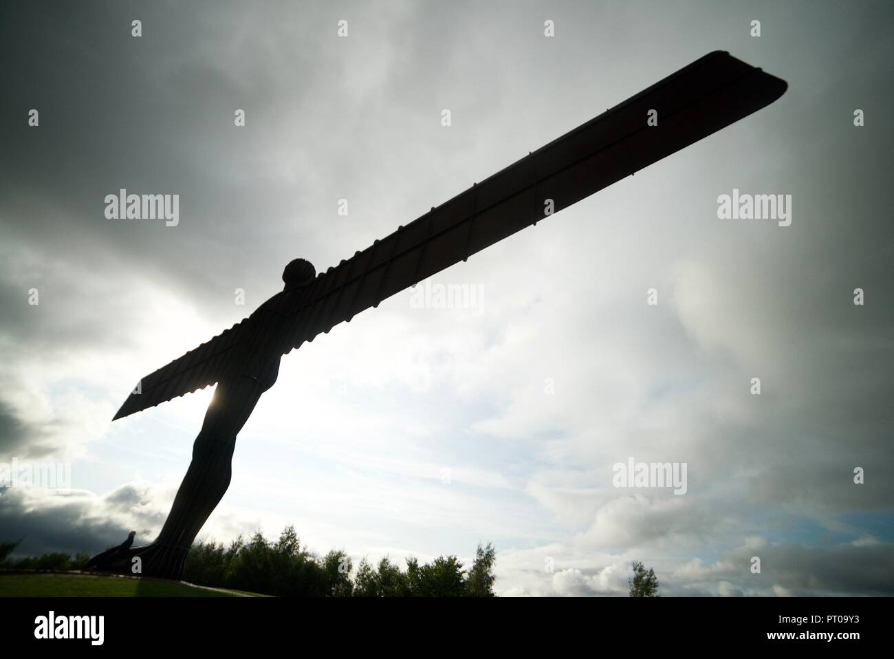 Der berühmte und legendäre Engel des Nordens Skulptur, in Gateshead, Tyne und Wear, England, gewann einen sonnigen Tag mit der Sonne hinter glänzen. Stockfoto