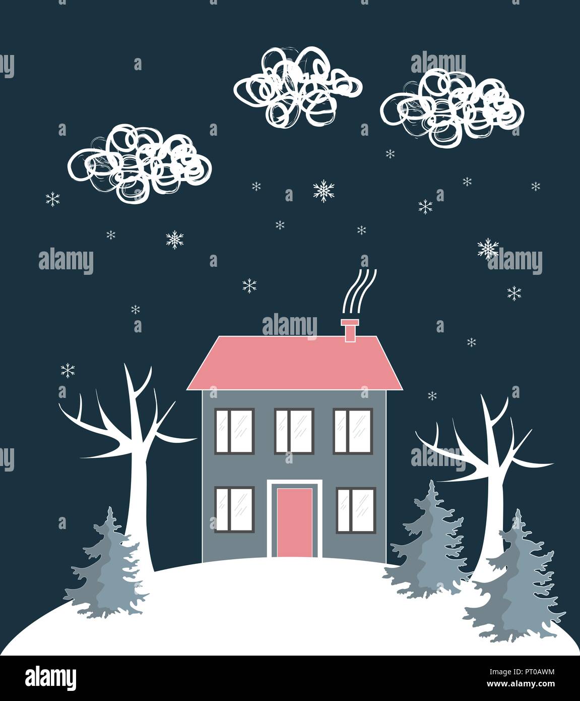 Cartoon Winterlandschaft, mit Haus und Snow Hill. Vector Illustration Stock Vektor