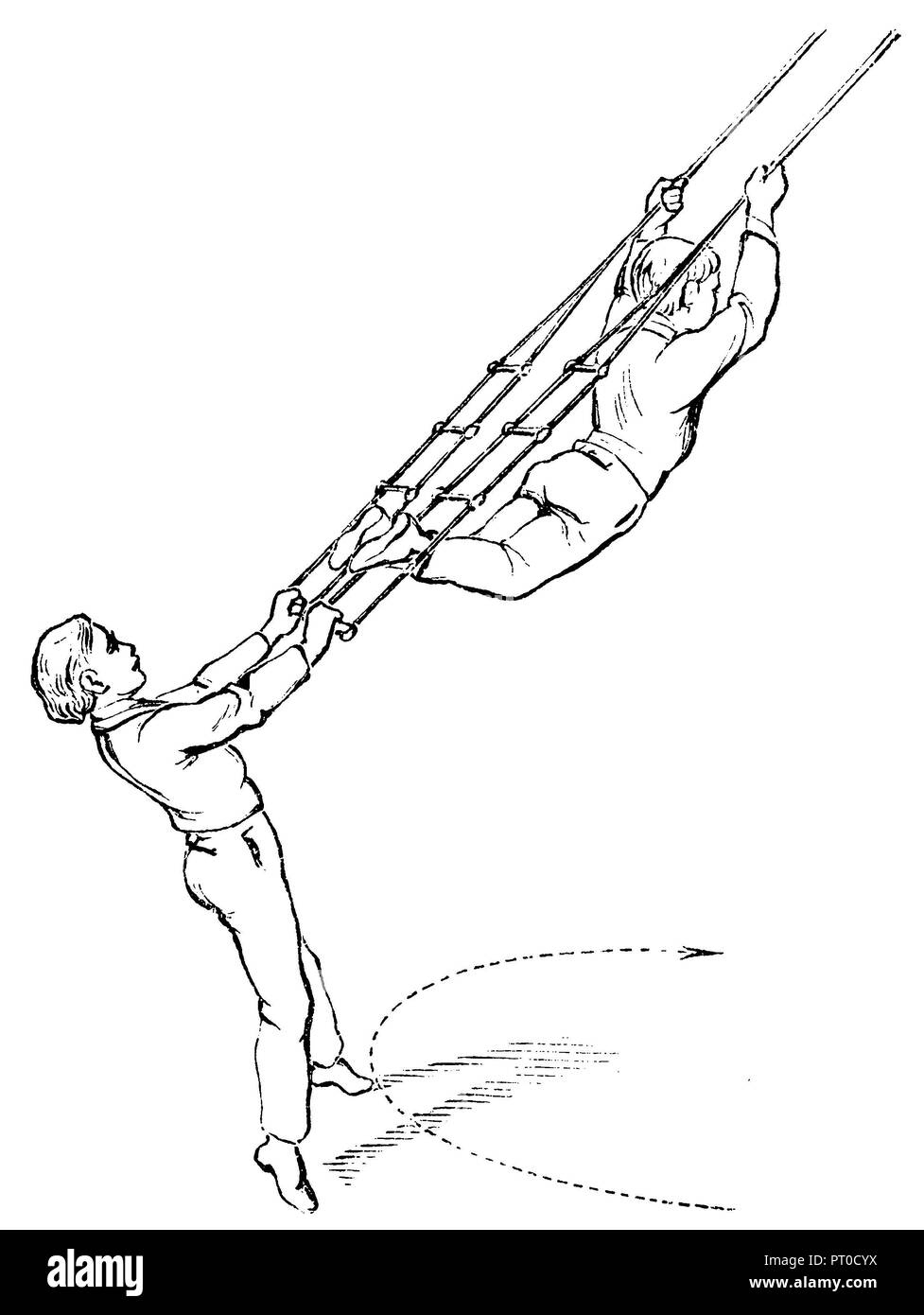 Gymnastik, Übung am Kletterseil: Zyklus auf zwei Leitern, wo eine andere Rückwärts hängt, 1890 Stockfoto