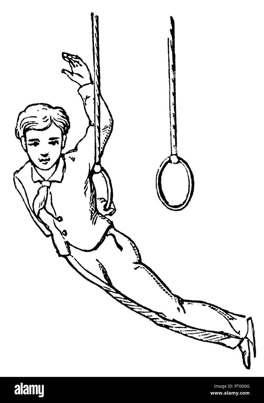Gymnastik, Übungen auf dem rockigen Ringe: Hang zurück mit einer Hand, 1890 Stockfoto