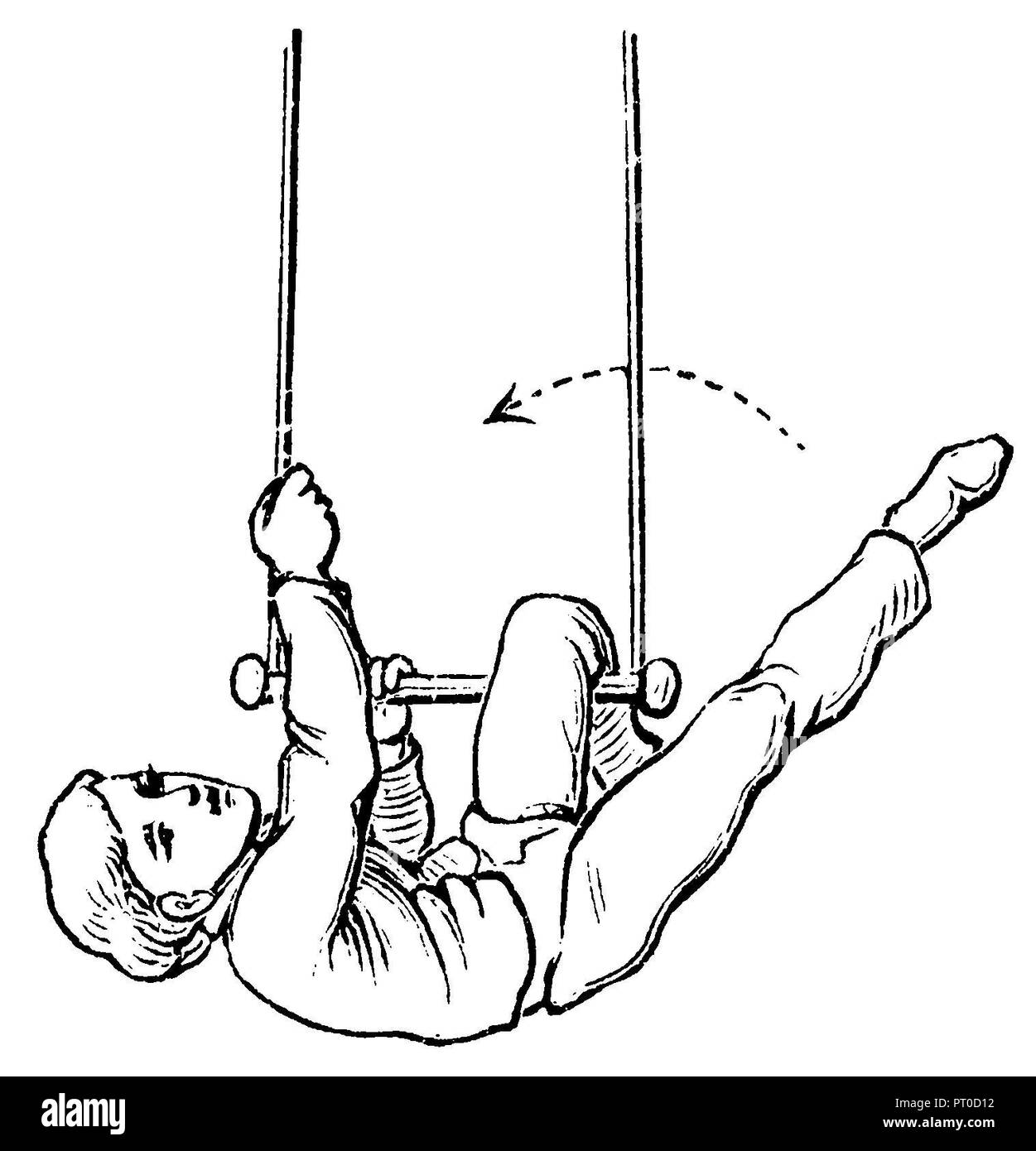 Gymnastik, Übungen auf dem Schaukelreck: Schwimmhangaufschwung, 1890 Stockfoto