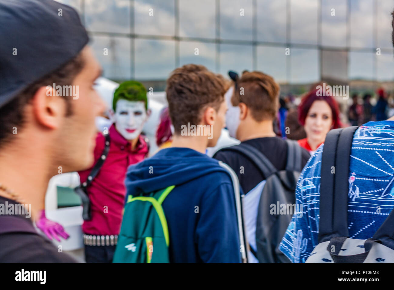 Rom, Italien, 5. Oktober 2018. Jährliche Versammlung zu den besten Comic- und Videospiel Gipfel Festival. Cosplayer, der Joker mit seinem Selbstmord Squad. Stockfoto