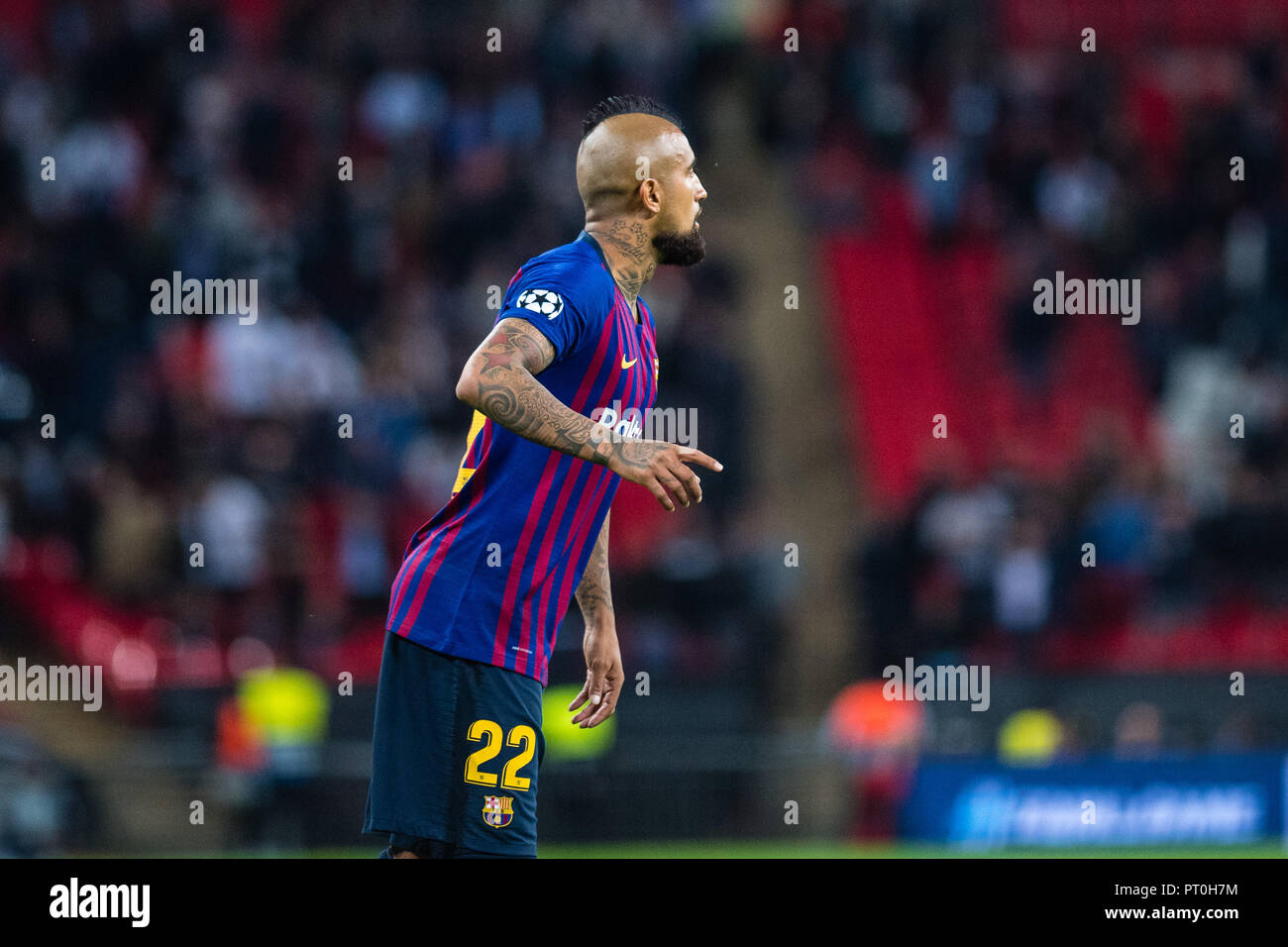 FC Barcelona mit Lionel Messi im Wembley Stadium während der Match vs Tottenham Hotspur. Stockfoto