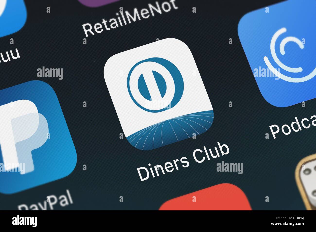 London, Vereinigtes Königreich - Oktober 05, 2018: Screenshot der Diners Club mobile App aus finanziellen Symbol entdecken Sie Dienste auf einem iPhone. Stockfoto