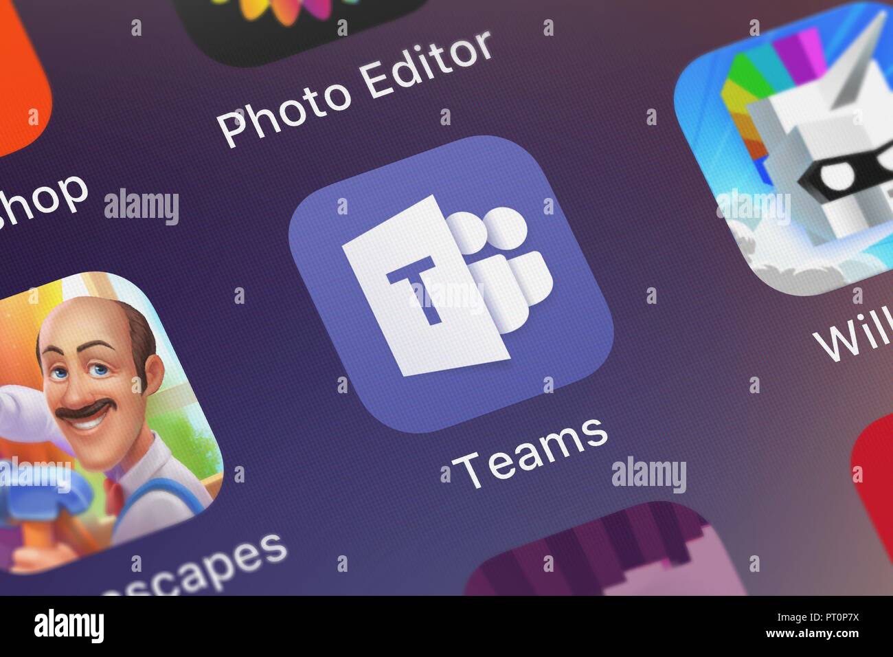 London, Vereinigtes Königreich - Oktober 05, 2018: Nahaufnahme der Microsoft Teams mobile App, die von der Microsoft Corporation. Stockfoto