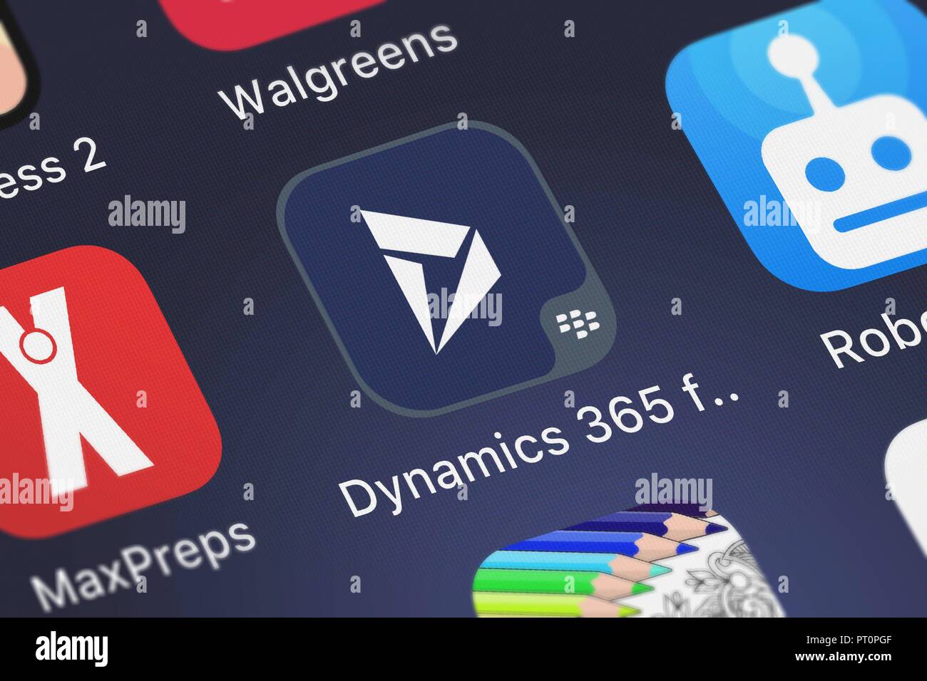 London, Vereinigtes Königreich - Oktober 05, 2018: Screenshot der mobile App Dynamik 365 für BlackBerry, die von der Microsoft Corporation. Stockfoto